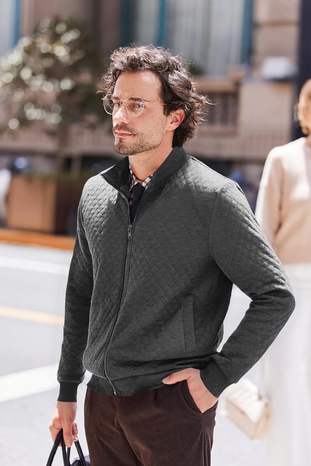 COOFANDY Mens Zip Up Sweatshirt Mock Neck Quilted Jacket Casual Lightweight Sweater Jackets with Pocket - Image 4