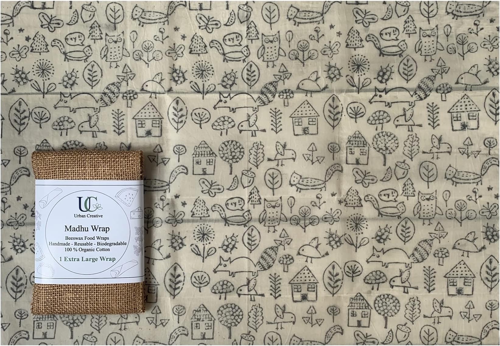 UC Urban Creative Madhu Wrap Reusable Beeswax Food Wrap| Organic Cotton | Plastic-Free Eco-Friendly Wraps for Large Cut Fruits, Cakes Covering Bowls | Extra Large 14"x20" (35x51 cm) | Single Wrap