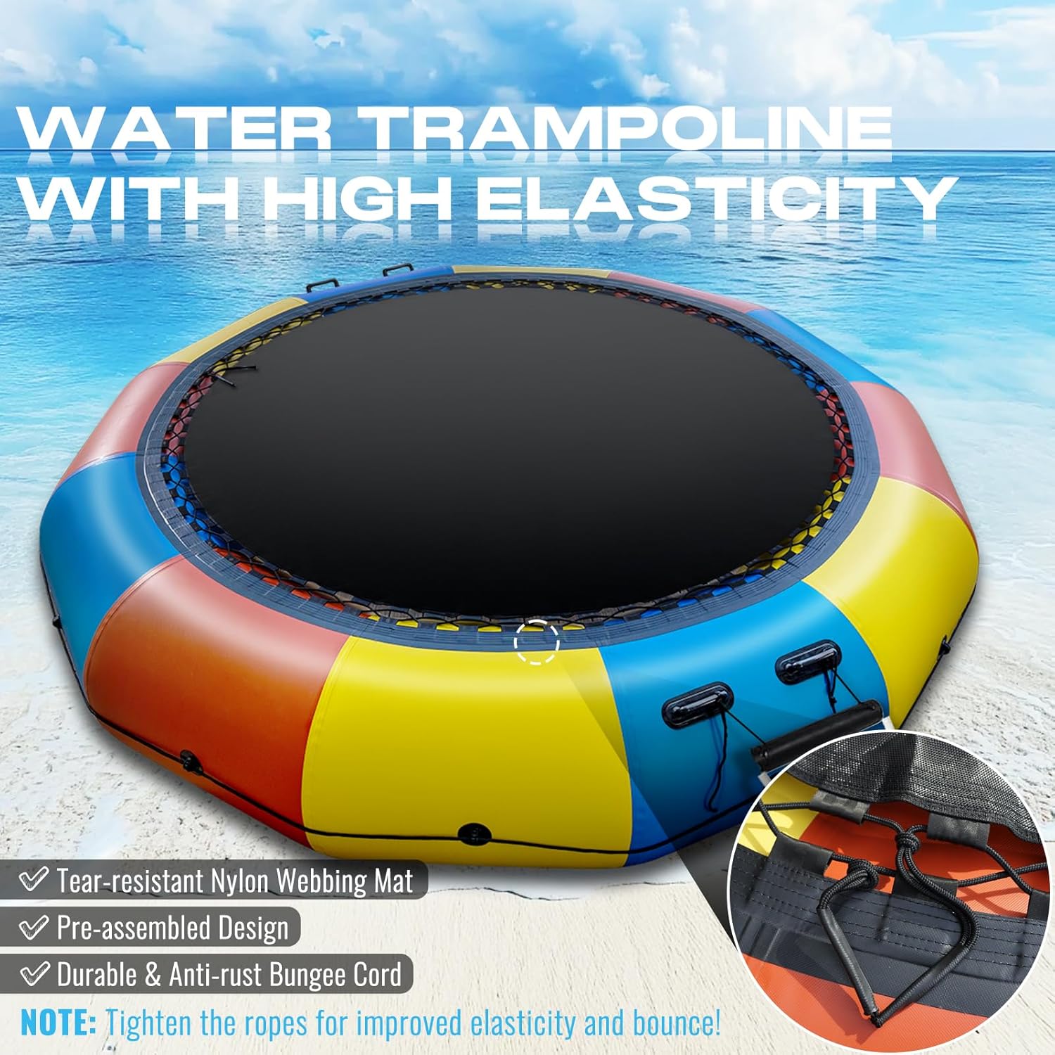 Beyond Marina Inflatable Water Trampoline, 10FT, 12FT, 15FT Inflatabler Water Bouncer for Lake, Pool, Ocean, Blue and Green, Yellow and Orange