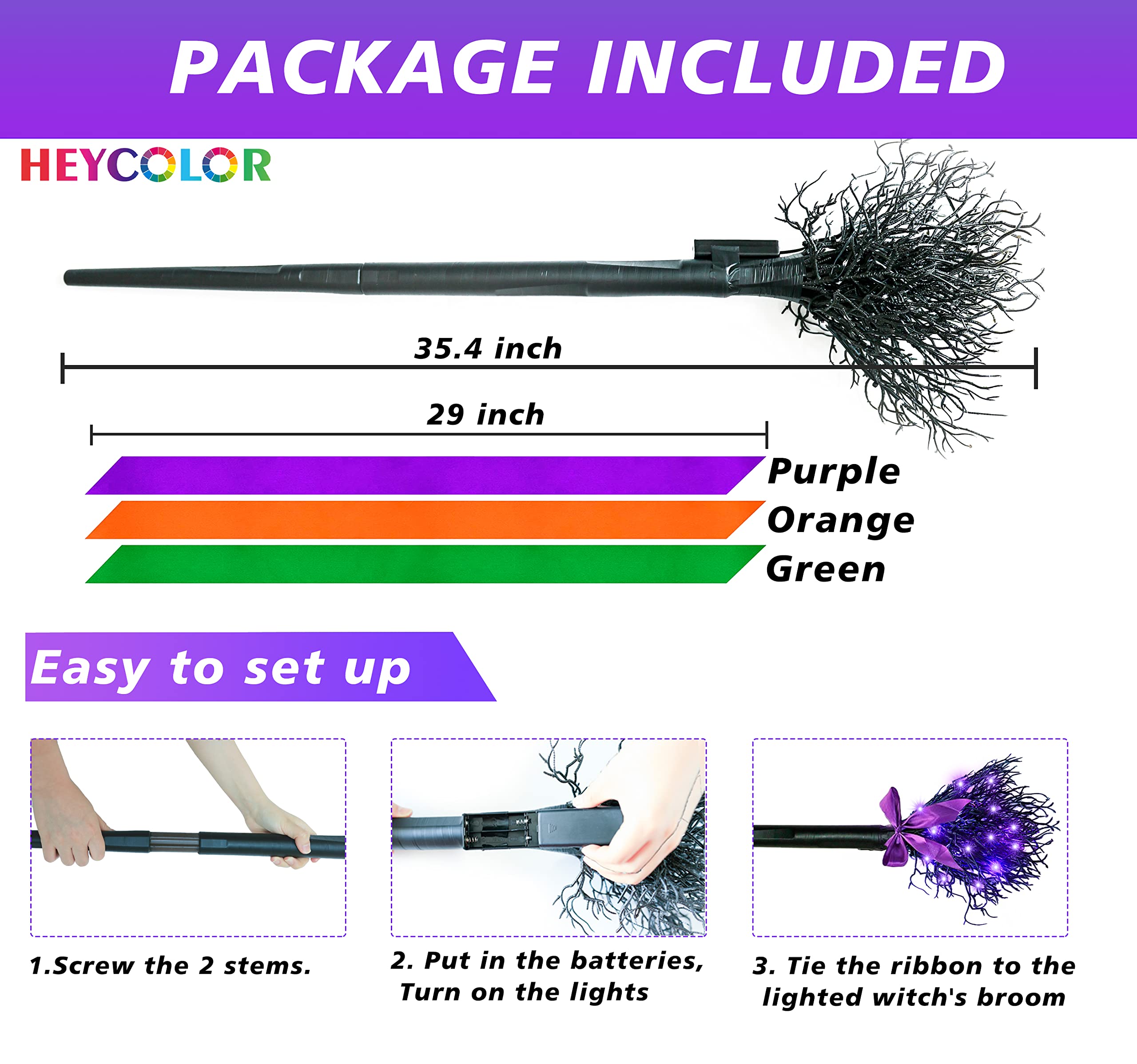 HEYCOLOR Lighted Witch Broom with LED Purple Lights Halloween Black Witches Broomstick with Ribbons Broom Props Good Witch Costume Accessories for Halloween Costume Party Decoration