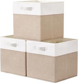 SOCOHOME Fabirc Cube Storage Boxes,25x25x25cm Foldable Storage Baskets for Organizing Clothes Shelf Nursery Closet(Light Khaki/White, Set of 3)