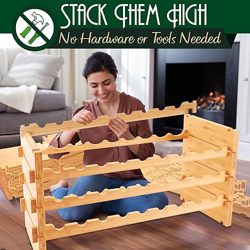 Miniatura 8 de SereneLife Estante de vino apilable de bambú, capacidad de 108 botellas de 12 niveles, suelo de pie, sin herramientas, estante modular de