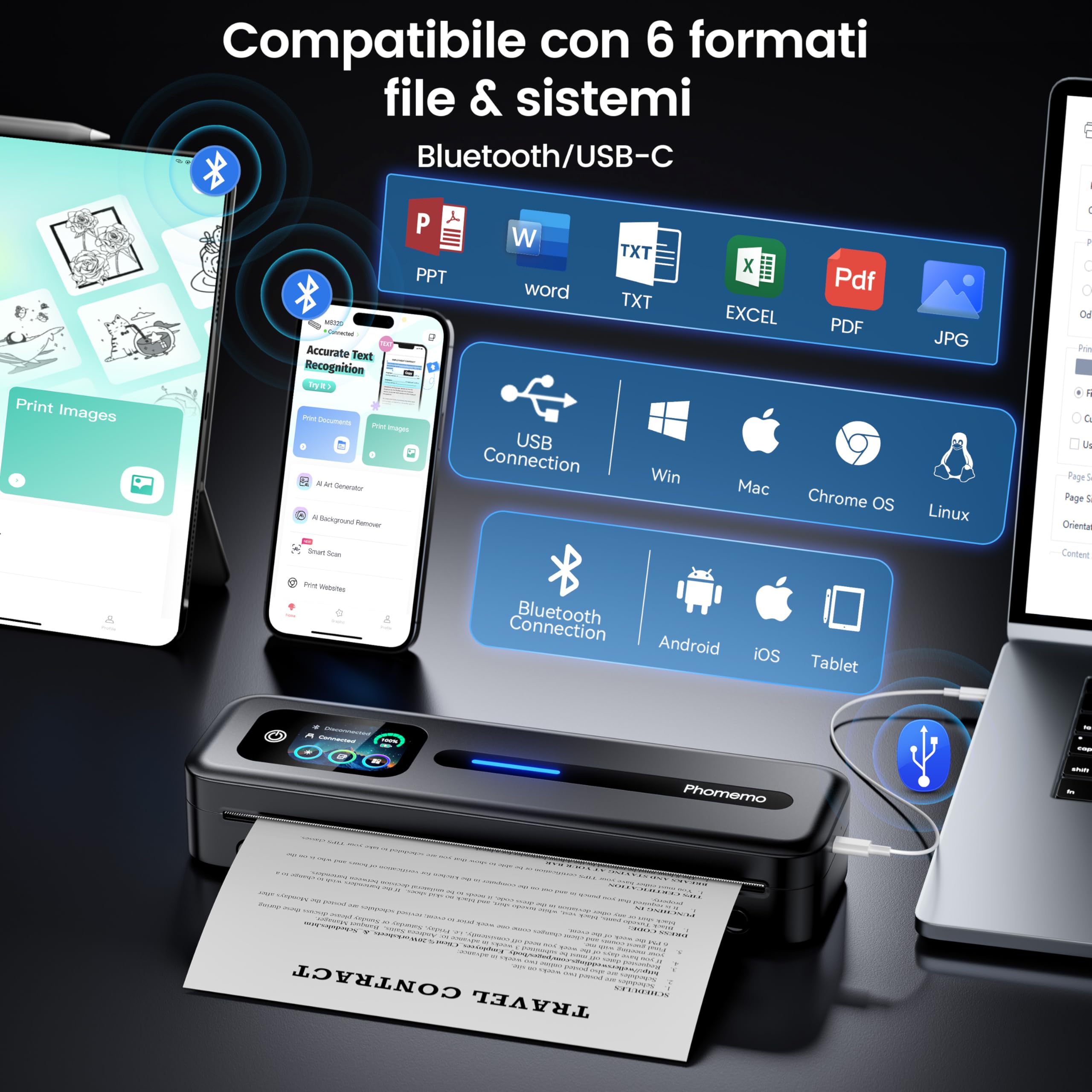Phomemo M832D Stampante Termica Portatile A4, 300 dpi Schermo Tattile Senza Inchiostro