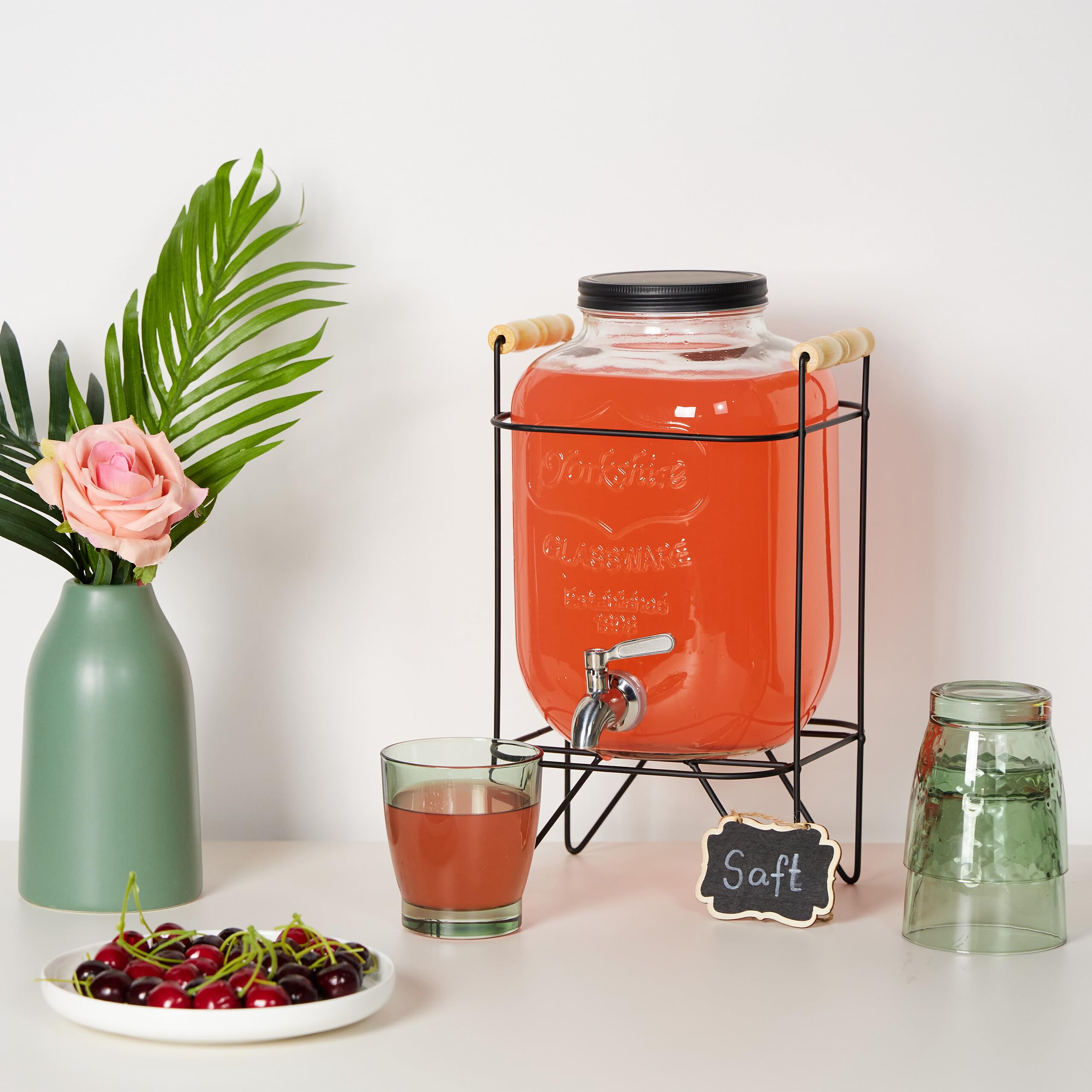 Relaxdays Dispensador Bebidas con Soporte, Recipiente Limonada 5 L, Grifo Acero Inoxidable y Tapa, Cristal, Transparente