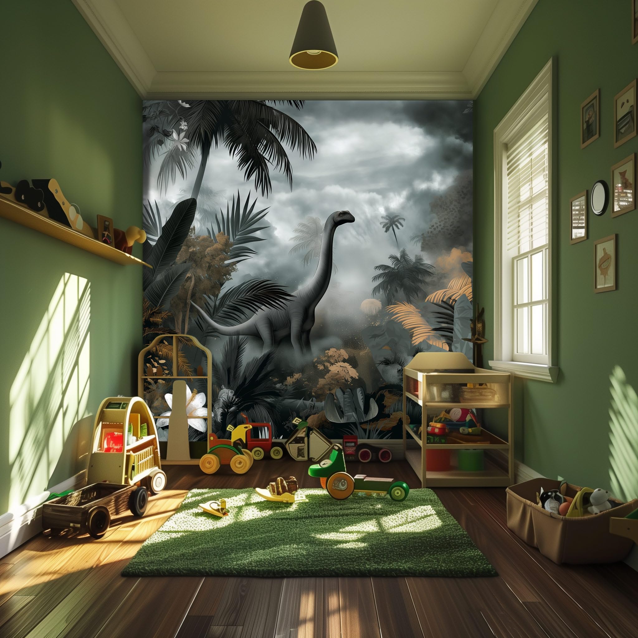 AMUGISH Dinosaur Garden Wall Mural Wallpaper for Kids | Peel and Stick | Prehistoric Scene for Living Room, Bedroom, Kitchen, Nursery - 152''W x 112''