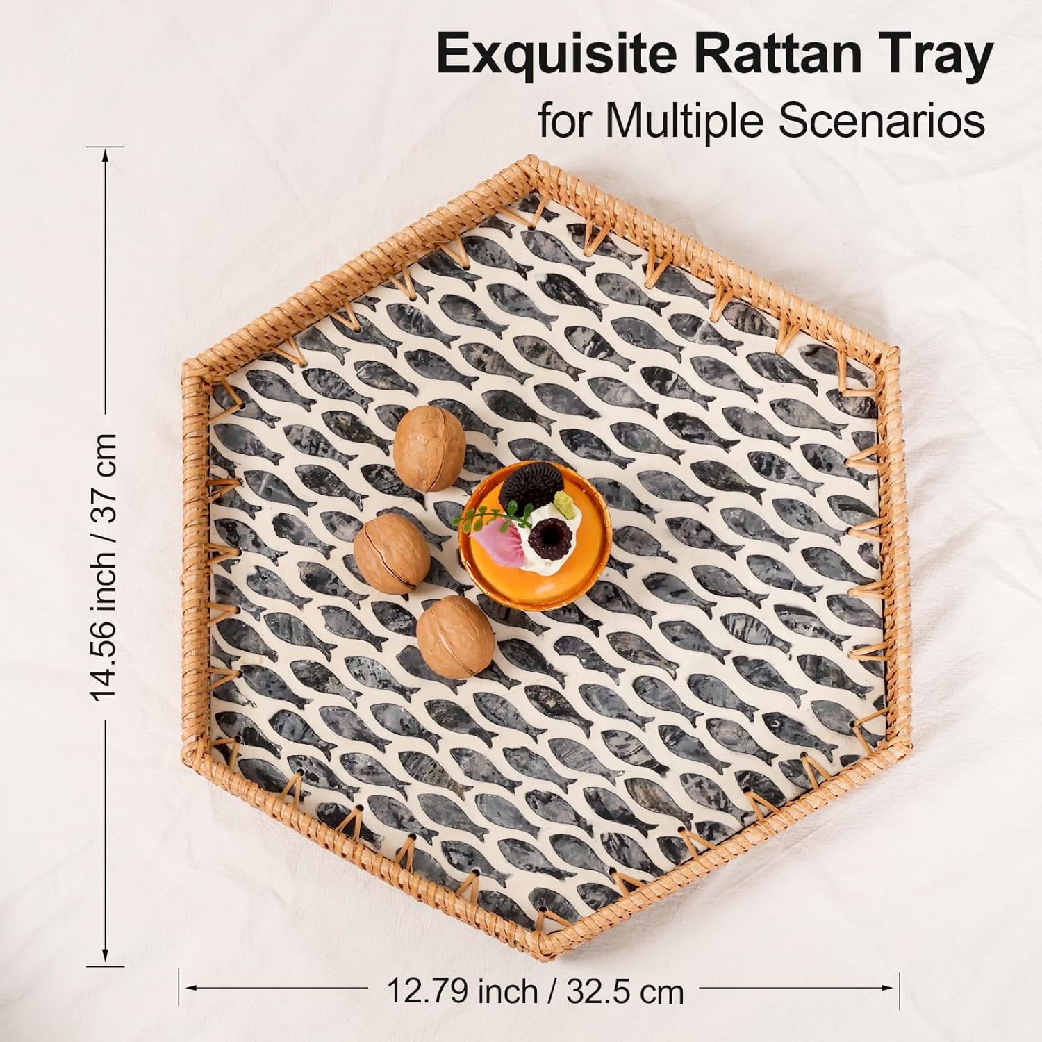 Hexagon Rattan Tray with Mother of Pearl Inlay, Rattan Serving Tray for Coffee, Bread, Fruits, Snacks, Decorative Wicker Tray for Table Decor, Home Decor (Little Bluefish, 14.5"×12.8") - Image 9