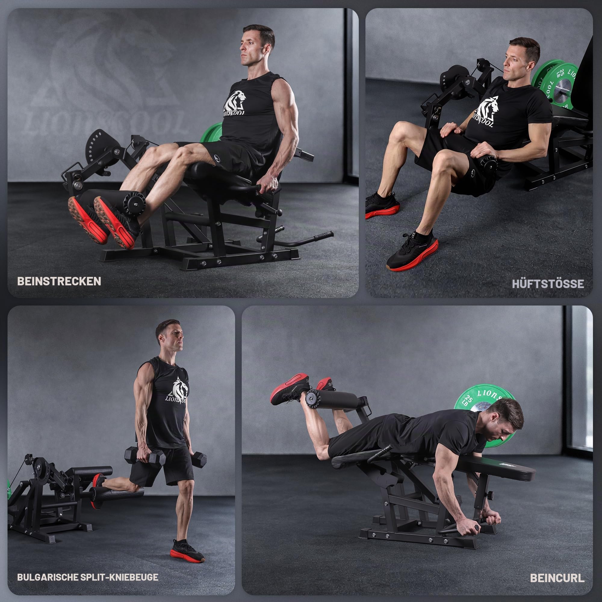 LIONSCOOL Beinverlängerungs- und Beincurl-Maschine V4.0, 360 KG Kapazität, verstellbare sitzende Beinextension, liegende Beinbeugebank, kabelbetrieben, für 5CM Hantelscheiben geeignet , Home-Gym