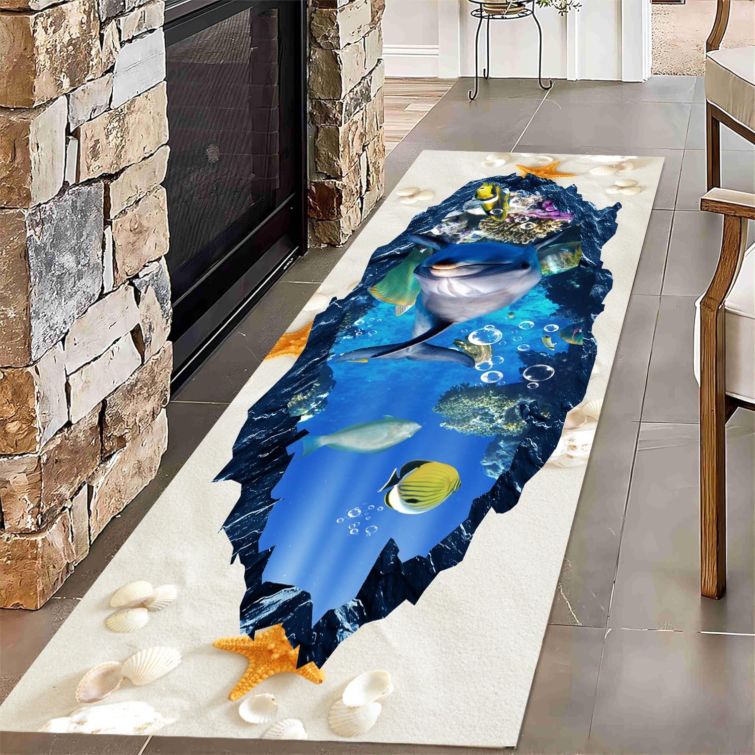 Ocean Hallway Rug, 120x300cm,3D Illusion Runner Rug, Ocean Beach Whale Shell Starfish Fish Pattern Living Room Hallway Long Runner Rugs, Non-Slip Throw Rugs for Kitchen Dining Room Sink Floor Mat