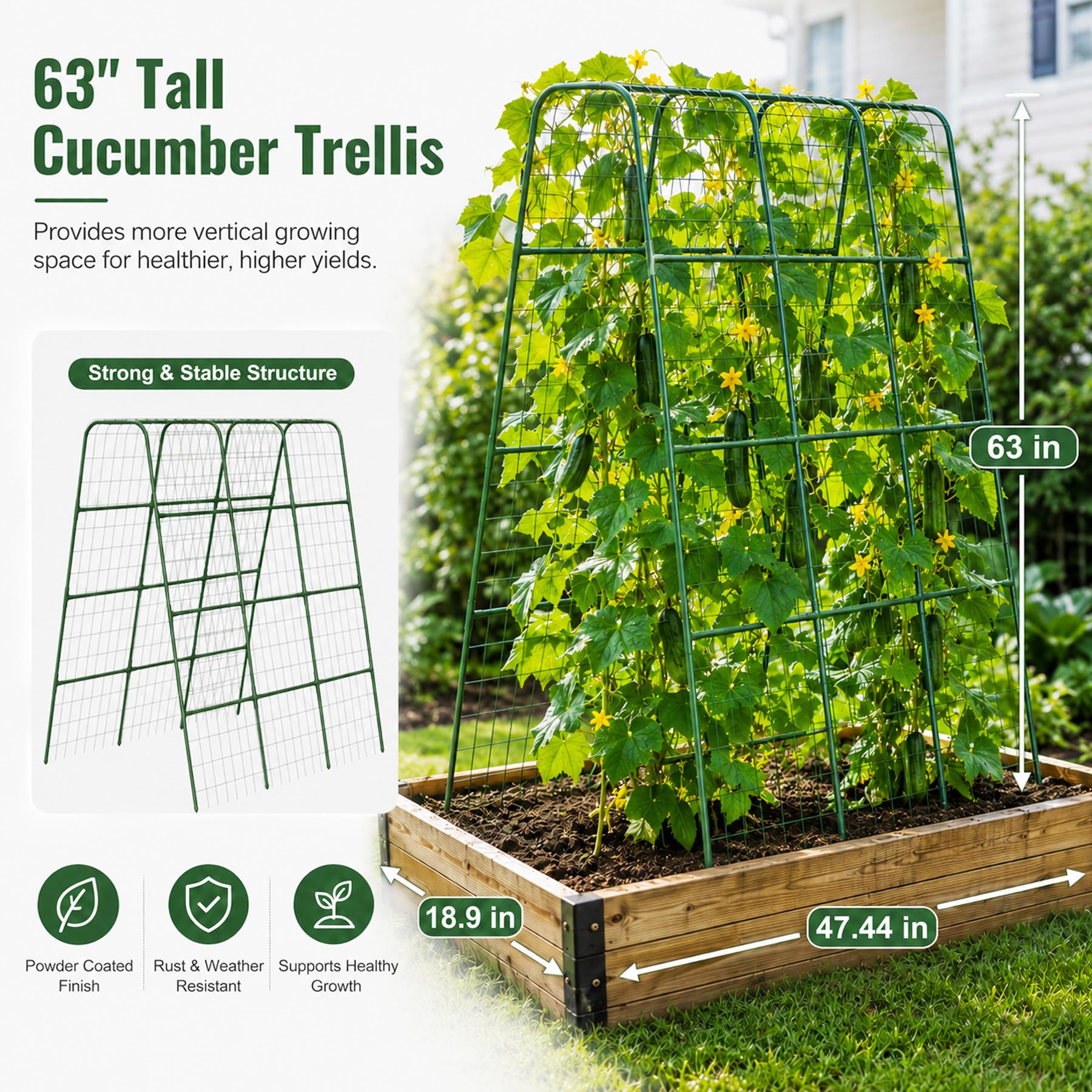 160 cm hohes Garten-Rankgitter für Kletterpflanzen, 16 mm robuster Metallrahmen, Gurkenspalier mit Netz, 20 Pflanzenclips, einfache Montage, Gemüsespalier für Tomaten, Bohnen, Erbsen, Hochbeet
