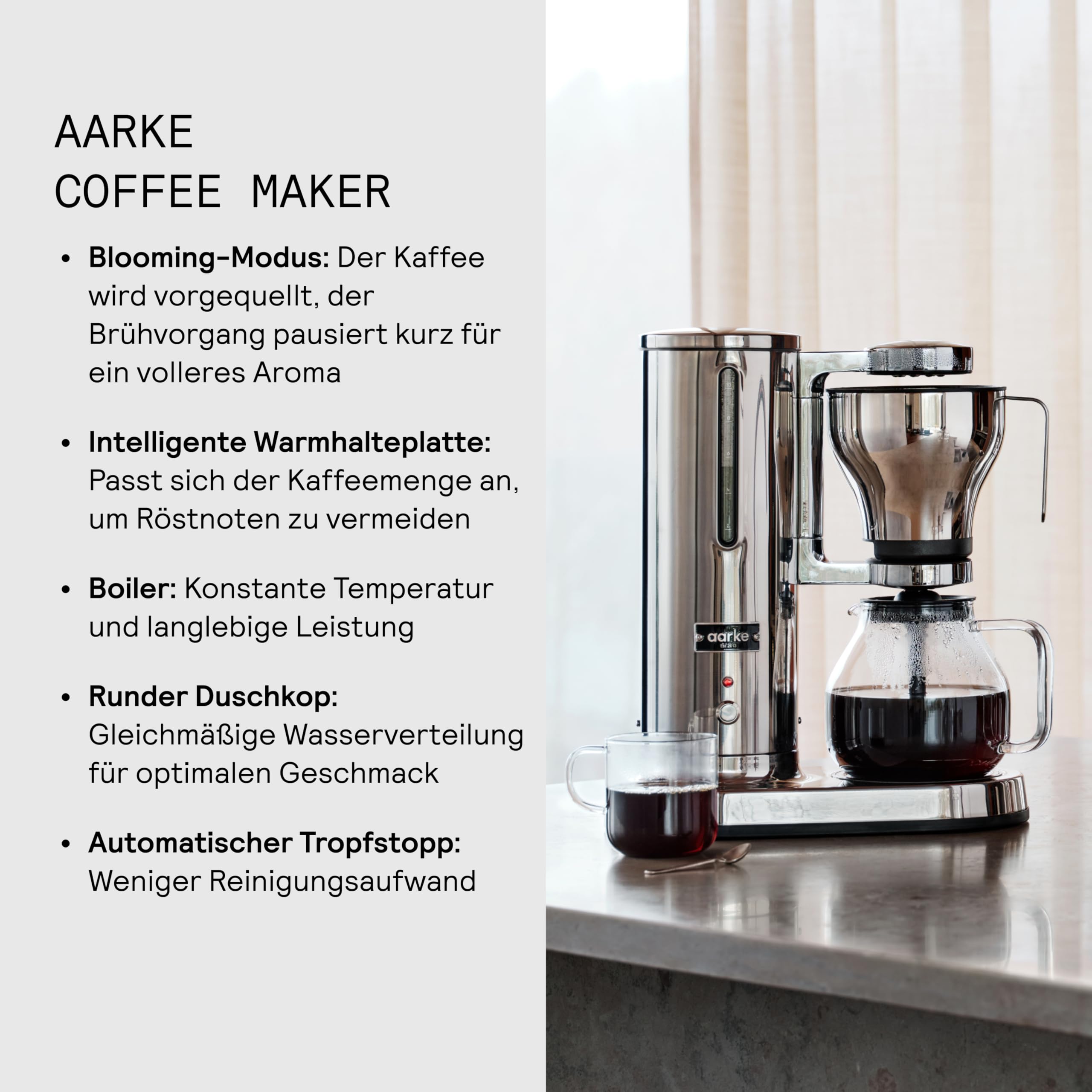 aarke Filterkaffeemaschine – Elektrische Kaffeemaschine, Glaskaraffe, Warmhaltefunktion, 10-Tassen-Kapazität, 250 ml -1.25L, Modernes Design, Kaffeezubereiter für Filterkaffee, ECBC-zertifiziert.