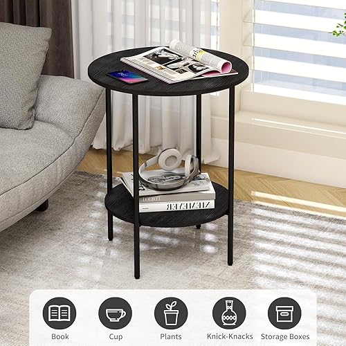 Miniatura 6 de Mesa auxiliar, mesa auxiliar redonda con 2 estantes de almacenamiento, mesas auxiliares compactas para sala de estar, sofá, oficina y dormitorio,