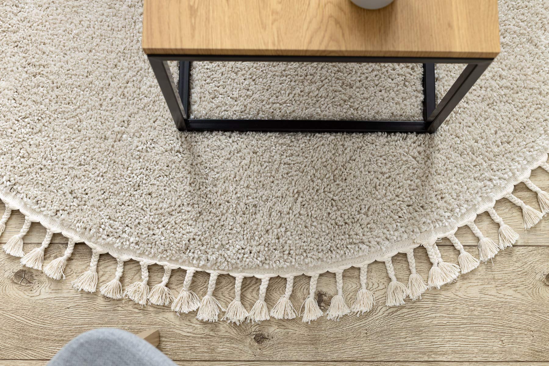 rugsx Tappeto Shaggy BERBER 9000 tinta unita con frange, stile boho, soggiorno camera, cerchio crema 120 cm