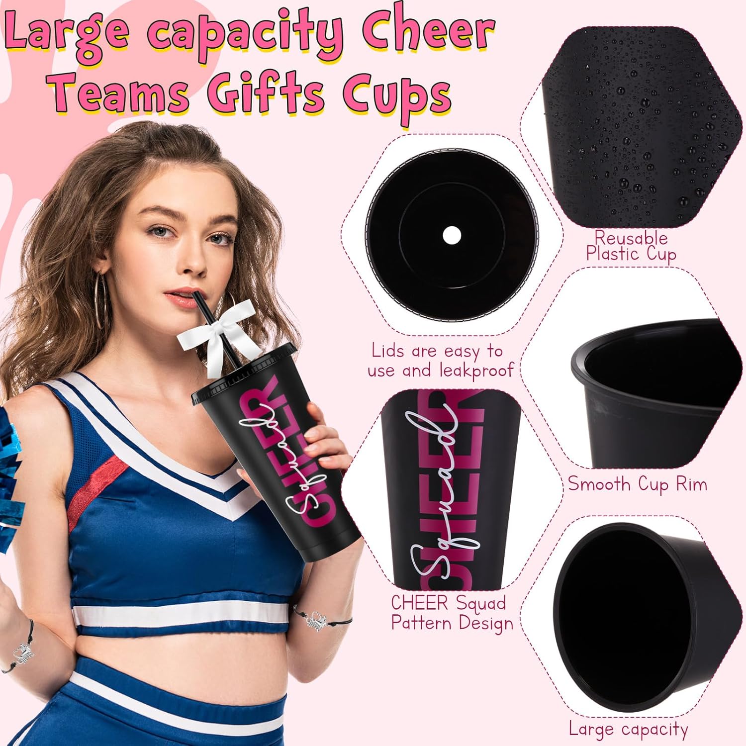 Reallnaive 60 Pcs Cheerleader Gifts Bulk for Team Include 12 Cheer Tumbler Cups with Straws and Lids 12 Bows 12 Bracelets 12 Scrunchies 12 Pcs Makeup Mirrors for Cheer Party Cheerleading