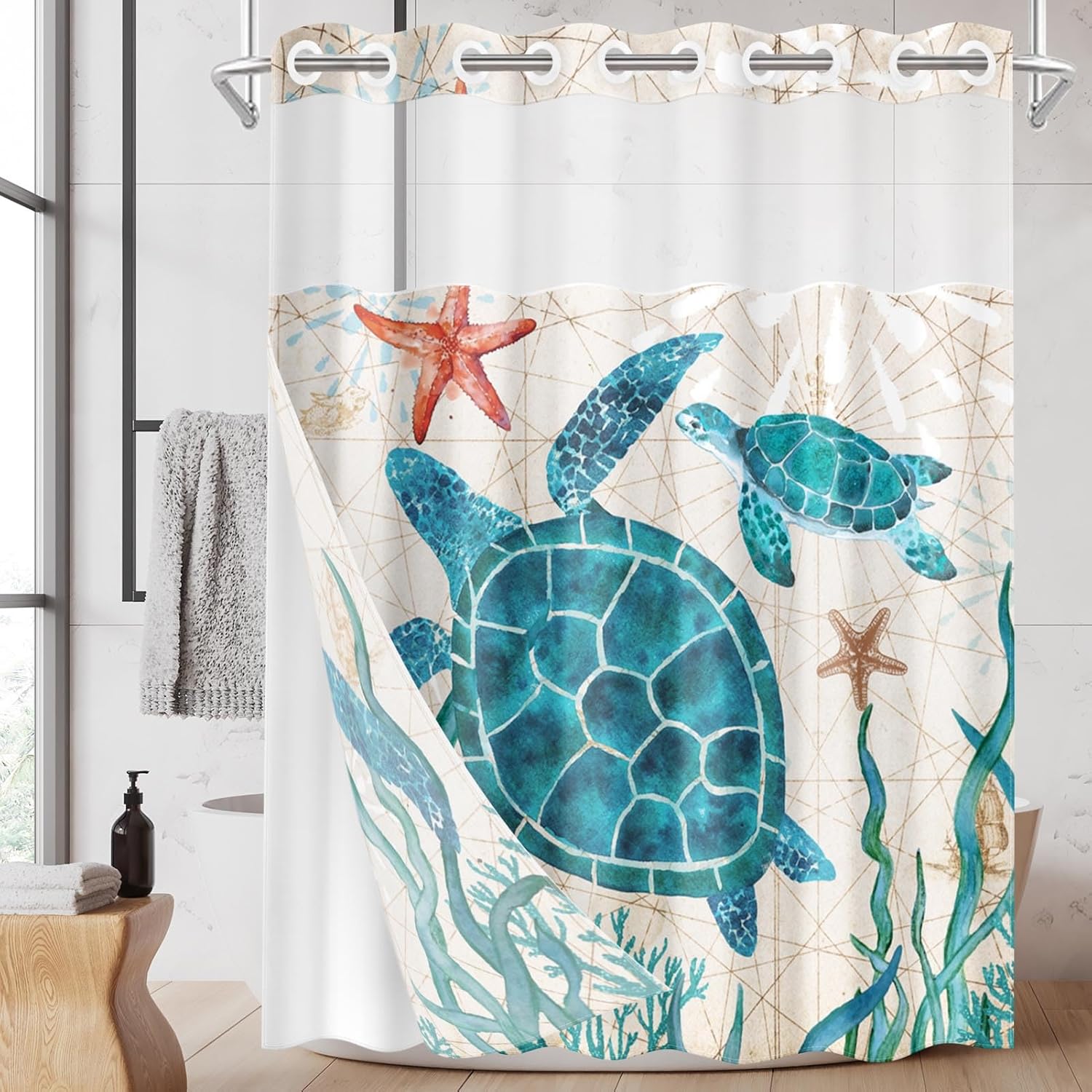 No Hook Sea Turtle Shower Curtain with Snap in Fabric Liner Set, Tropical Summer Ocean Blue Double Layers Waterproof Fabric with See Through Top Window Open Grommet Bath Curtain 71x74 Inch