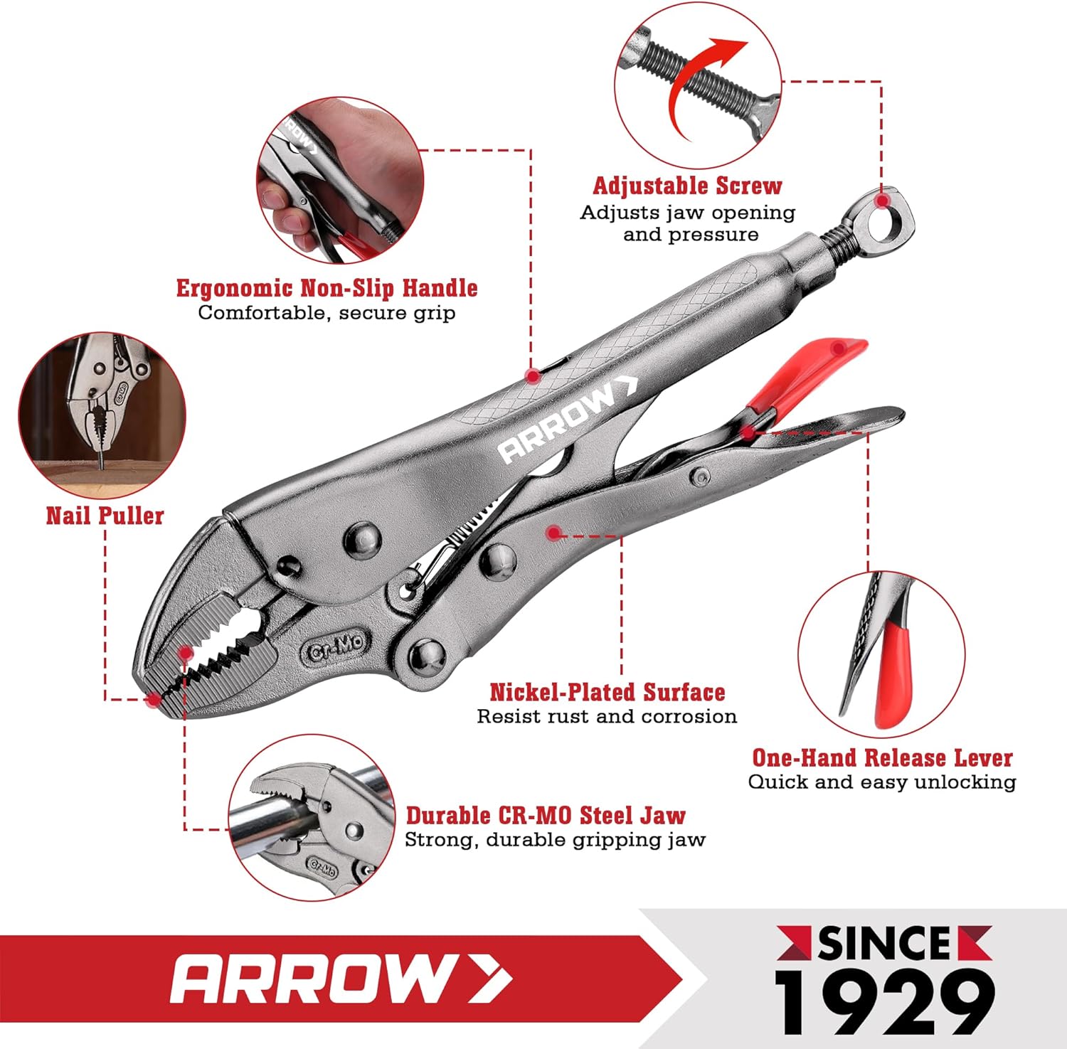 ARROW 5-piece Locking Pliers Set with Rolling Pouch, Chromium-Molybdenum Vice Grips, 5"/7"/10" Curved Jaw, 6.5"/9" Long Nose Vise Grip Pliers