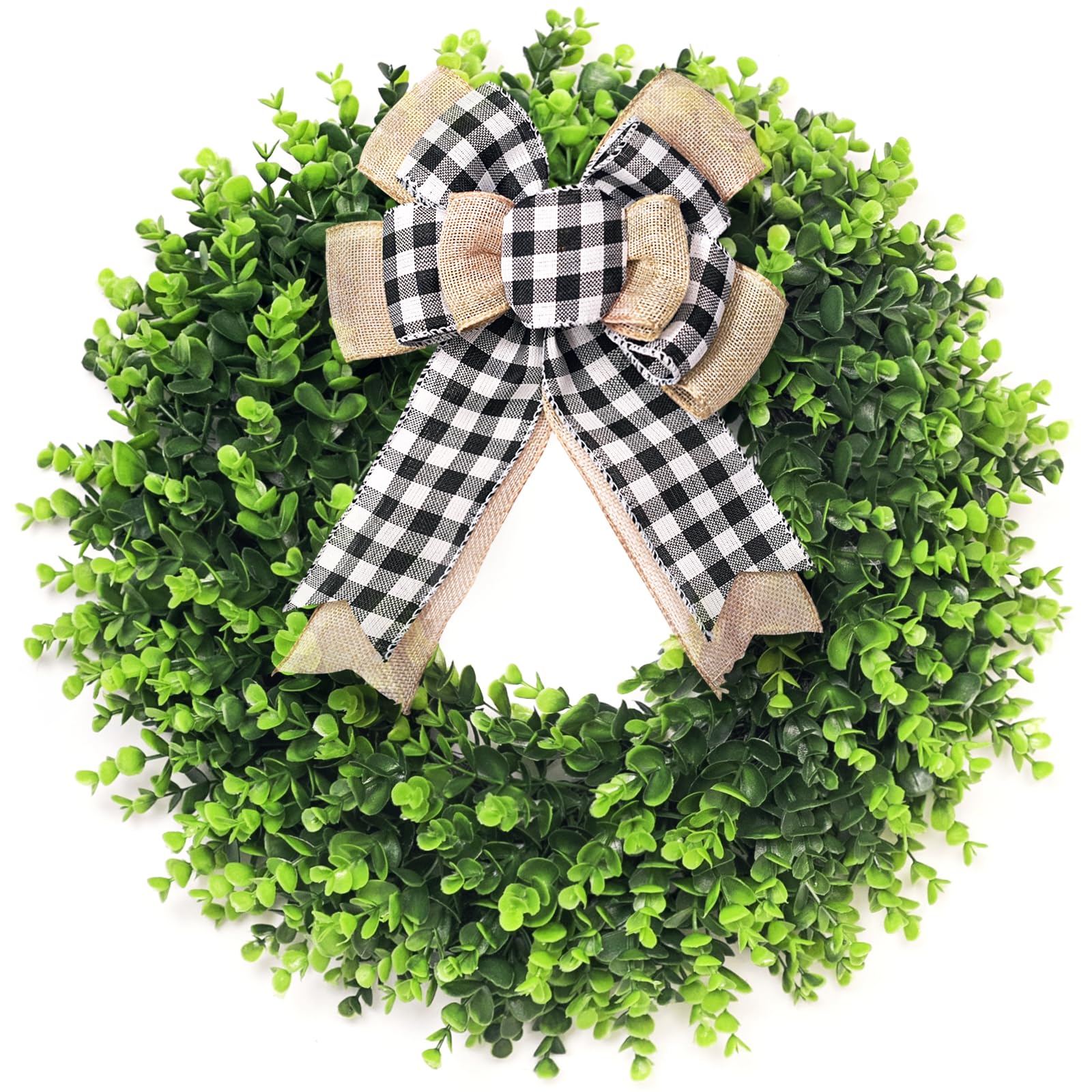 Davimono 18'' Boxwood Wreath Artificial Spring Summer Wreath, Boxwood Wreaths for Front Door Farmhouse Wedding Indoor Outdoor (with Bow)