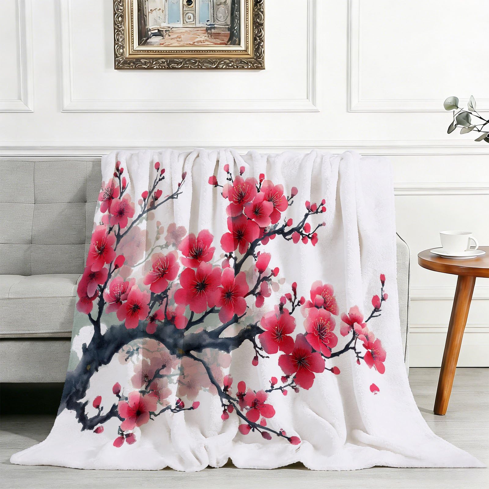 Coperta in pile da 150 x 200 cm, morbida e leggera, con stampa tradizionale orientale, con boccioli di prugna, con stampa a inchiostro, morbida e accogliente, per letto e divano, per viaggi, campeggio