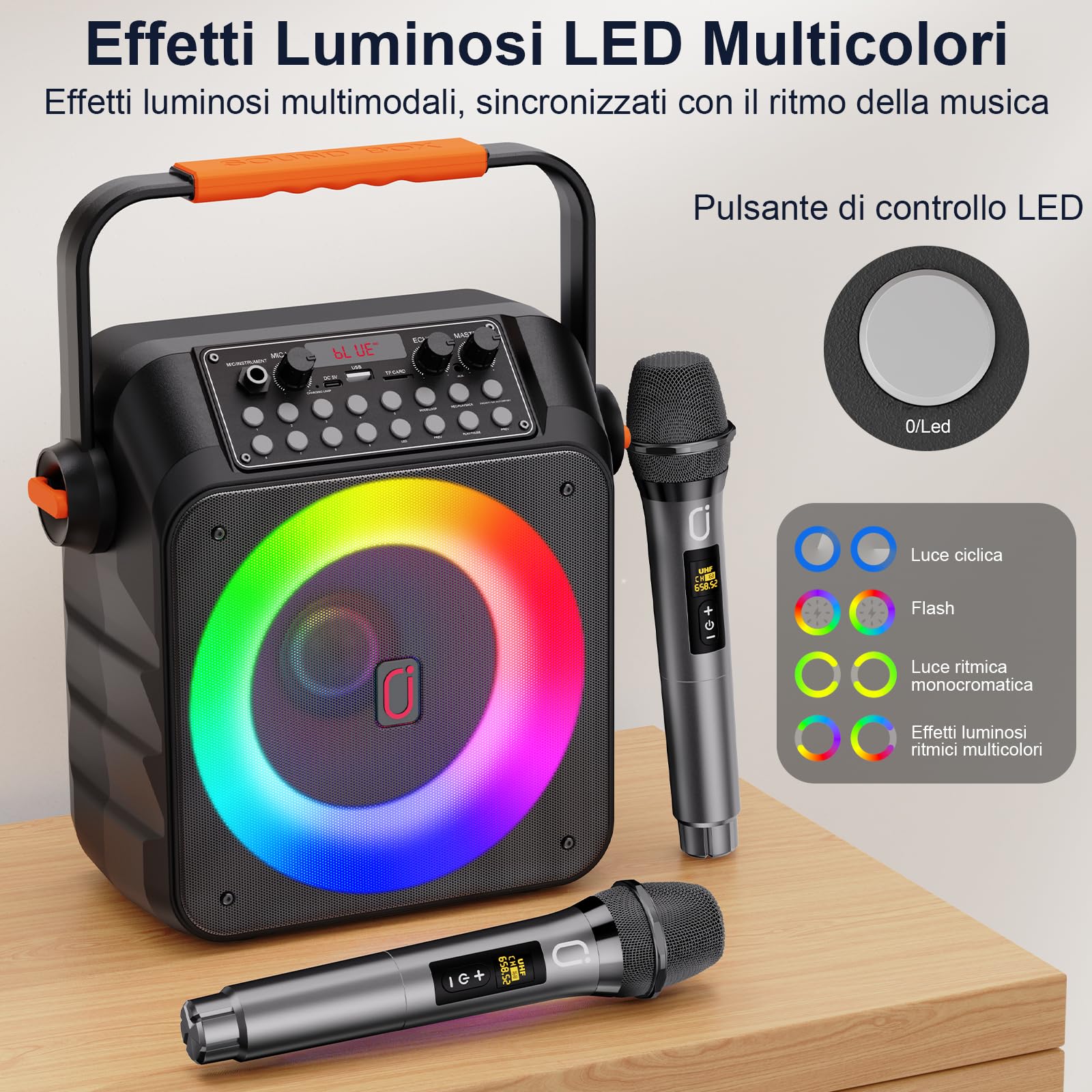 HWWR Karaoke con 2 Microfono,120W Cassa Bluetooth 5.3 Portatile con luci LED, Sistema PA Correzione Tono e Controllo eco, Canta tu Karaoke 2026 per Adulti Bambini
