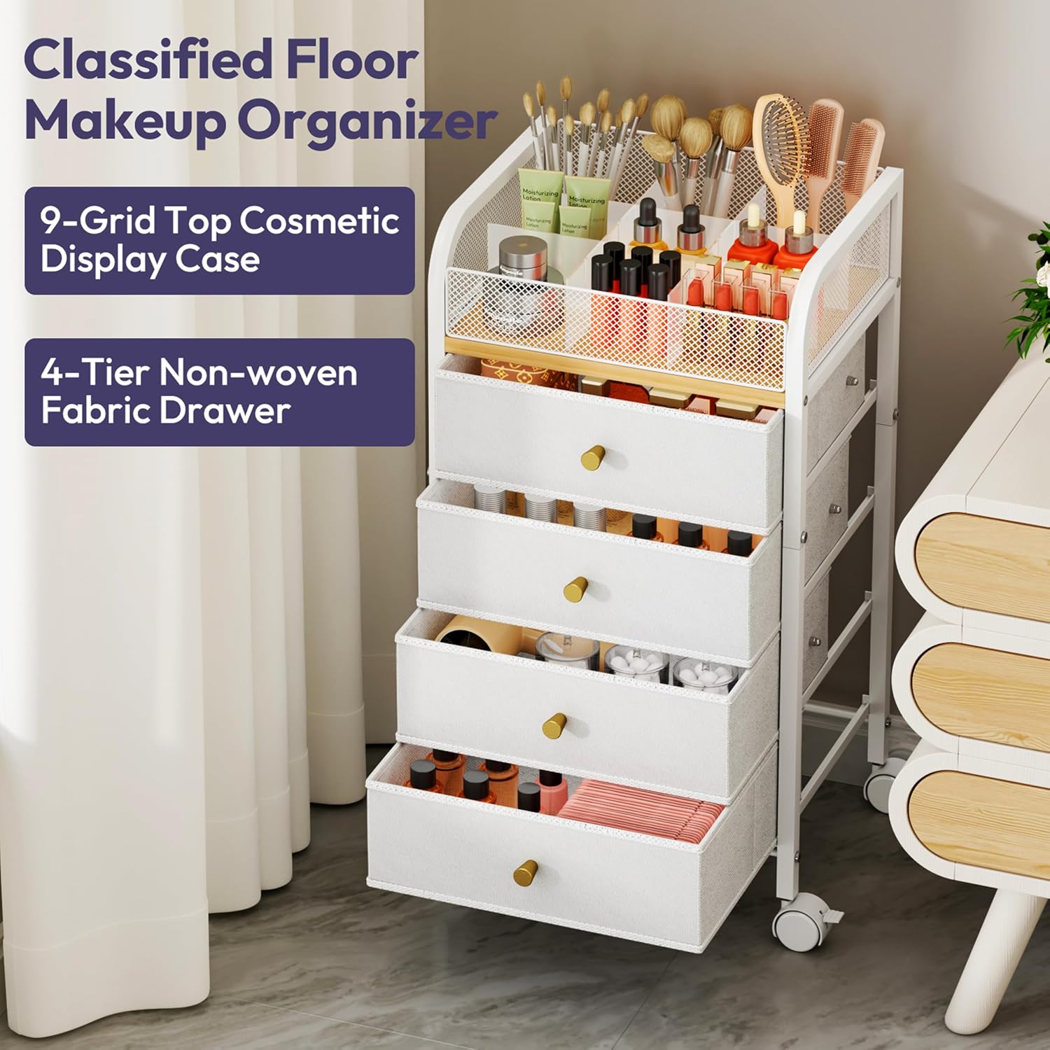 SWTYMIKI Rolling Makeup Organizer Cart - 14.96″*11.81″*27.55″ Widened Under Desk Vanity Storage with 4 Non-woven Drawers, Cosmetic Display Cases for Skin Care Perfume Nail Polish Brush Hair Tool White