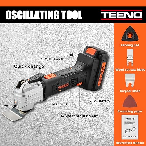 Miniatura 6 de TEENO Herramienta oscilante, multiherramienta oscilante inalámbrica con iones de litio de 20 V 2 Ah, 5000-18000 OPM, 6 velocidades variables, ángulo