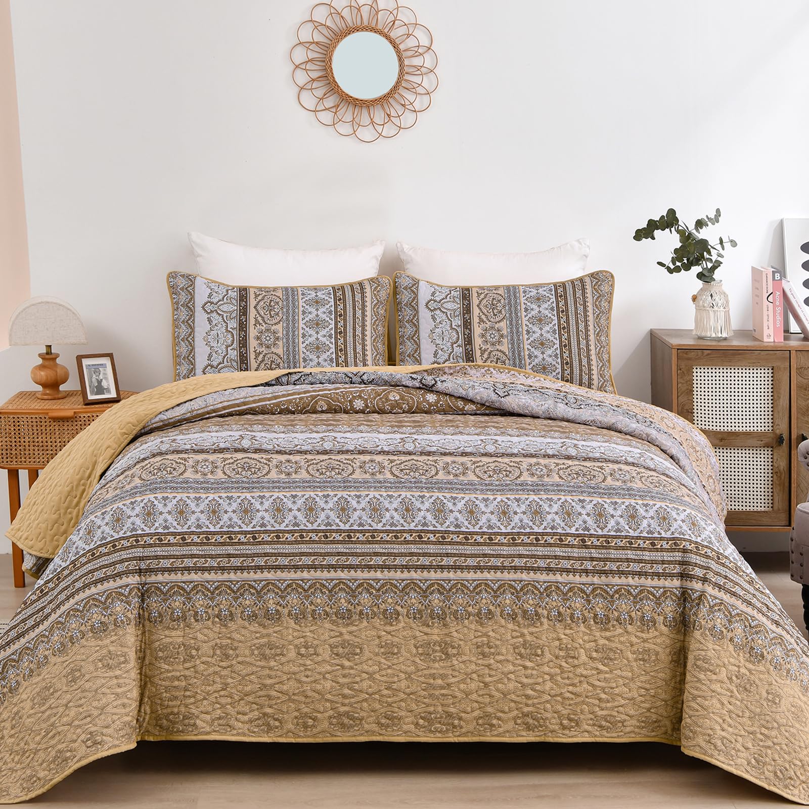 WONGS BEDDING Brown Quilt Set Queen Size, Bohemian Stripe 3 Pieces Quilts Bedspread Set Boho Lightweight Microfiber All Season Bedding Coverlet Set
