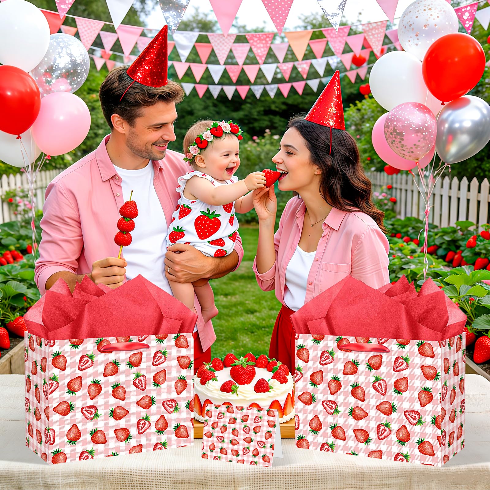 Strawberry Gift Bag with Red Tissue Paper & Card Pink Gingham Plaid Gift Wrapping Bag - Berry Sweet Theme Party Supplies for Women Teen Girls 1st Birthday, Baby Shower, Bridal Shower Summer Picnic