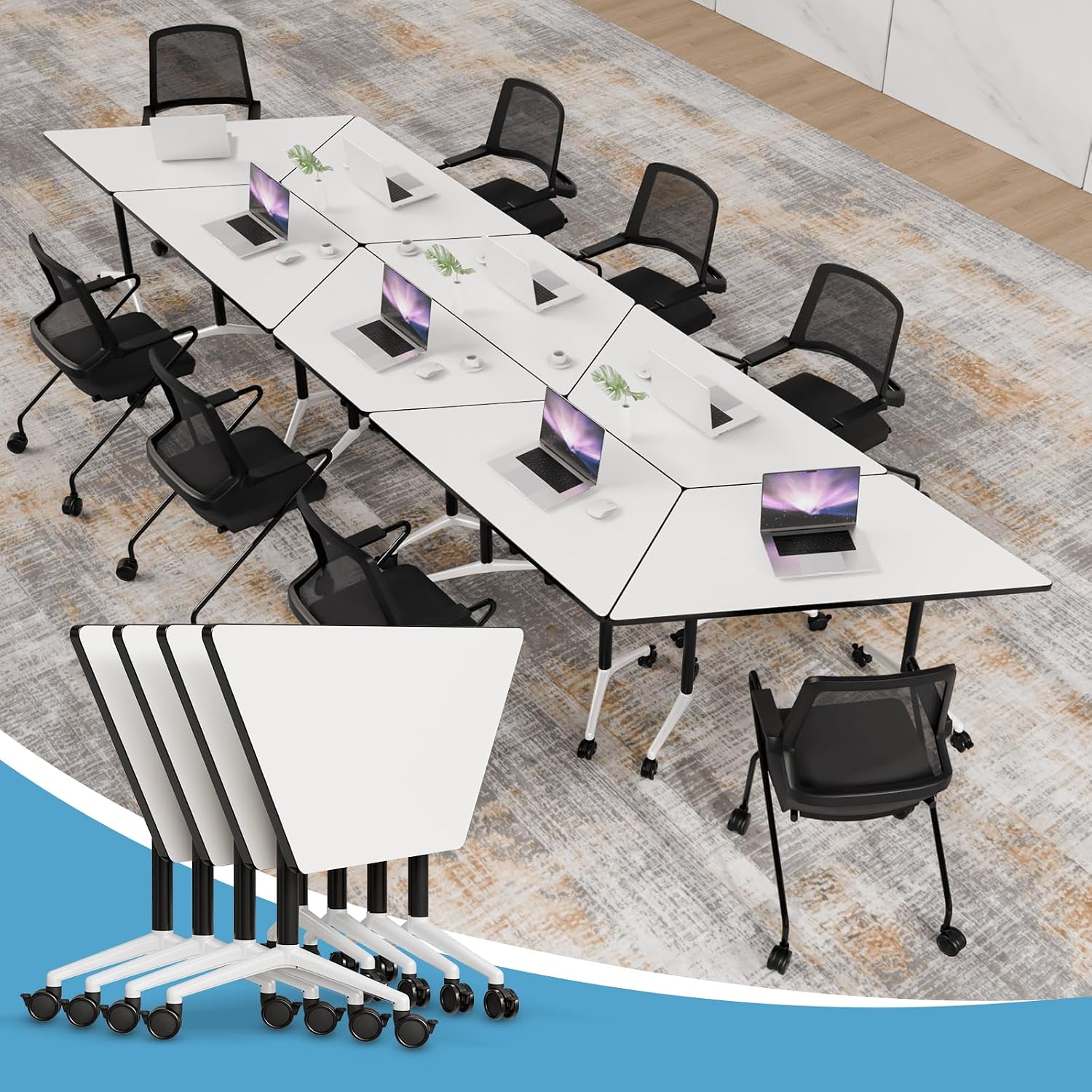 Modular Folding Conference Table with Wheels for 6-8 Person, Modern Mobile Trapezoidal Flip-Top Conference Room Tables, Space Saving Heavy Duty Seminar Training Table for Office (4PCS)