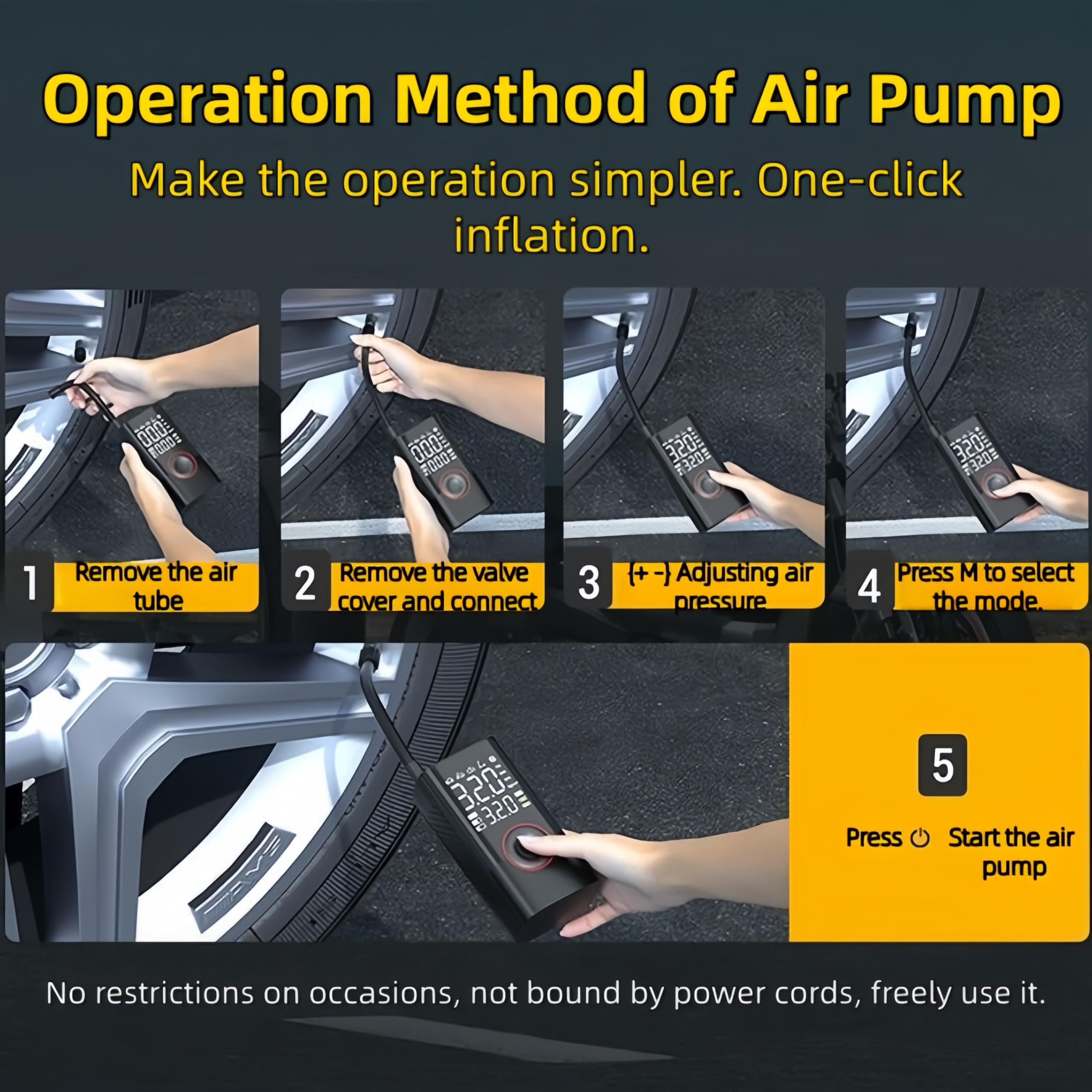 Compressore d'aria portatile, pompa ad aria elettrica, compressore d'aria portatile da 150 psi, pompa ad aria senza fili per pneumatici auto, moto, palline con luce LED (007)