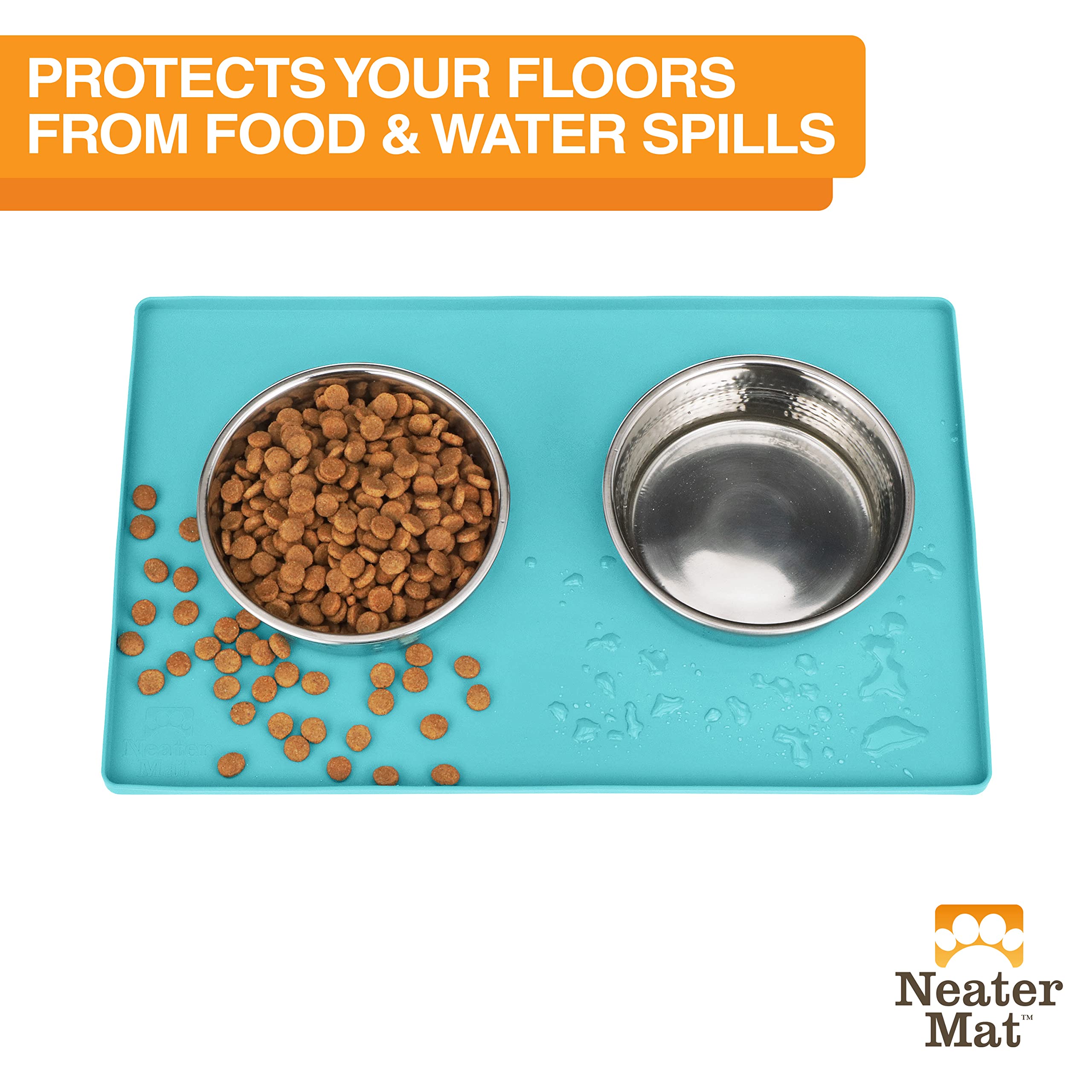 Neater Pet Brands Neater Mat - Tappetino impermeabile in silicone per animali domestici, protegge i pavimenti da cibo e acqua (Acqua Marina, 40,6 x 25,5 cm Silicone)