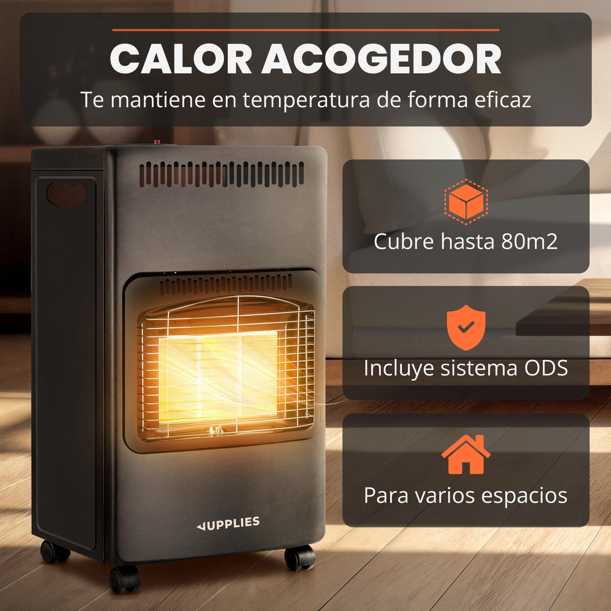 Estufa de Gas Butano Plegable 4200 W - Estufa Cerámica con 3 Niveles de Potencia, Triple Sistema de Seguridad, Sistema anti-vuelco - 20-80m²