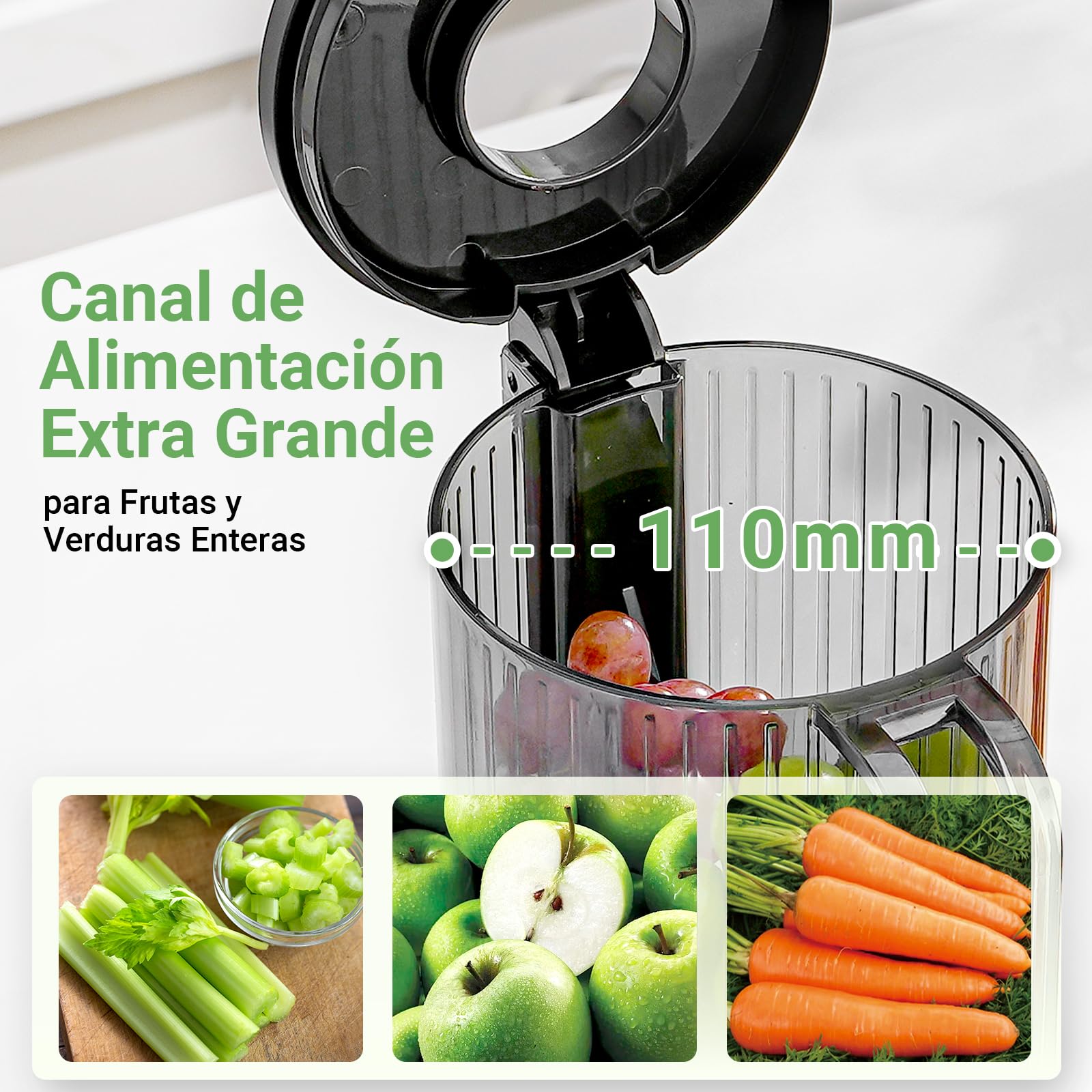 AAOBOSI Extractor de Zumos y Verduras, Slow Juicer 110MM de Gran Apertur, Fácil De Limpiar, con función de masticación inversa, sin BPA, Apto para Frutas y Verduras, Con 2 Tazas y Cepillo