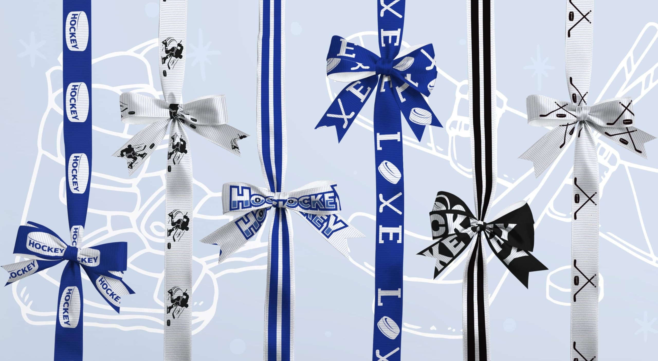 6 PCS Winter Sports Hockey Ribbons - 3/8" Wide Grosgrain, Snowflake & Hockey Patterns, 3 Yards Each (Blue/White)
