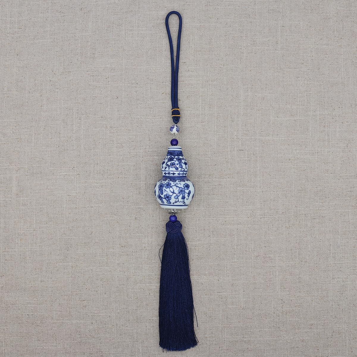 Traditional Chinese Gourd Shape Pendant with Dark Blue Tassel, 45-46cm Long