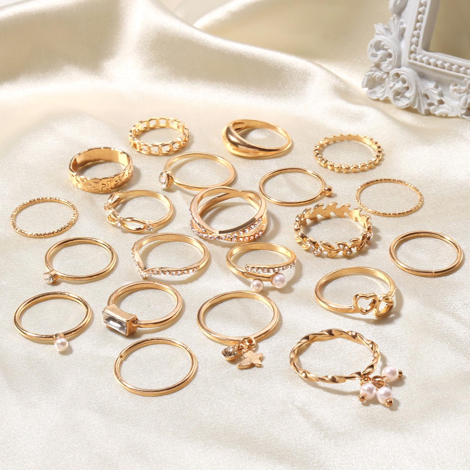 Juego de anillos dorados para nudillos para mujer, paquete de anillos de oro ajustables, tamaño mixto, apilables, juego de anillos apilables de cristal tallado hueco, Cristal, Cristal 5