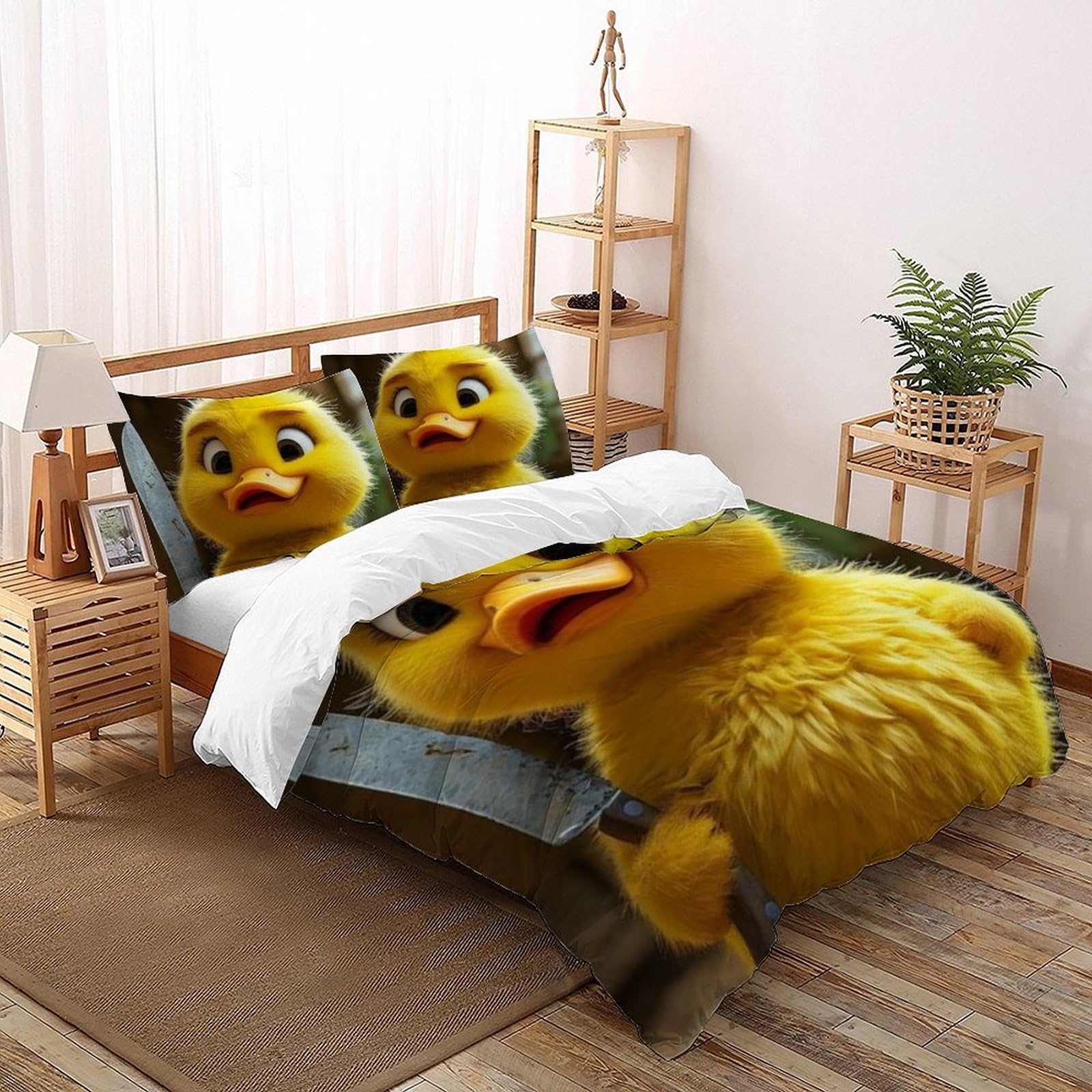 Housse de couette petit canard jaune microfibre animaux imprimé 3D avec taies d'oreiller super king