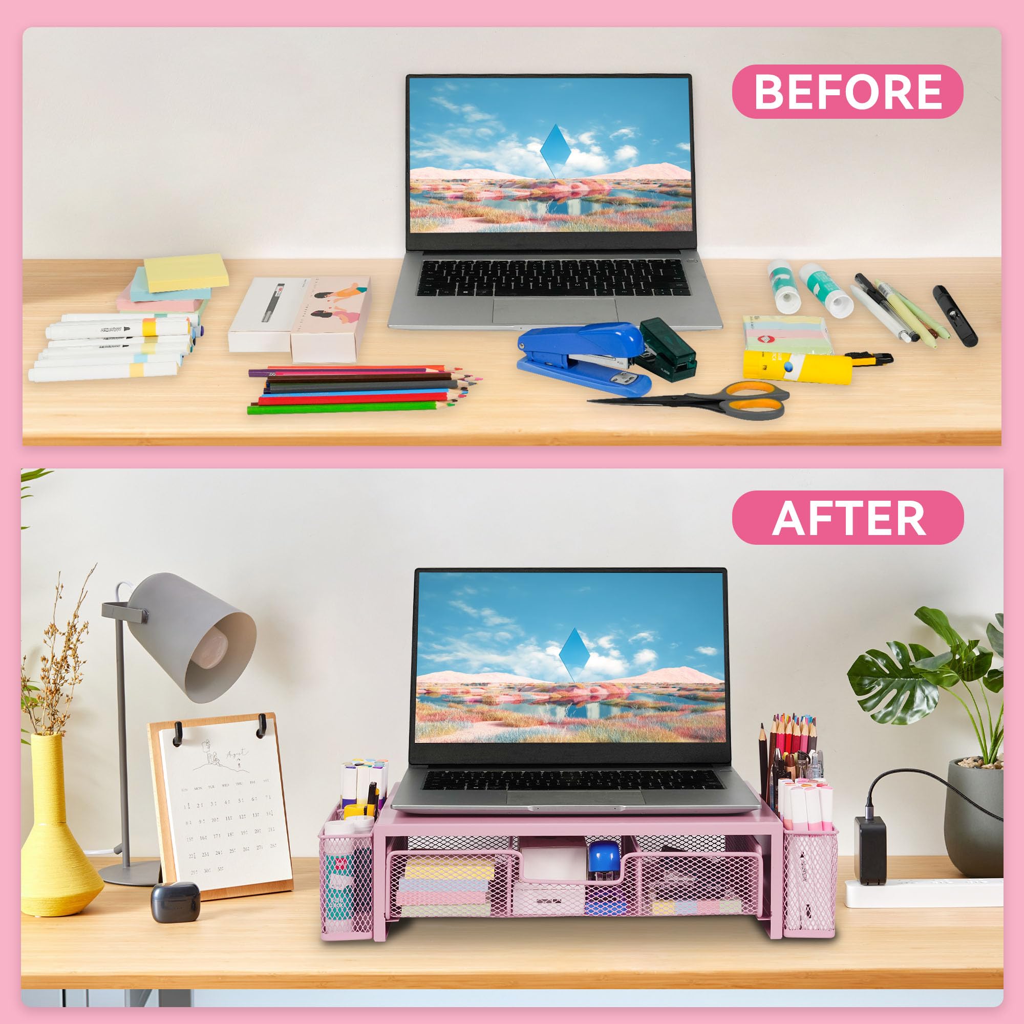 Qupui Supporto per monitor del computer con cassetto e portapenne, organizer da scrivania e accessori, accessori da scrivania per ufficio, organizzazione ufficio, rosa