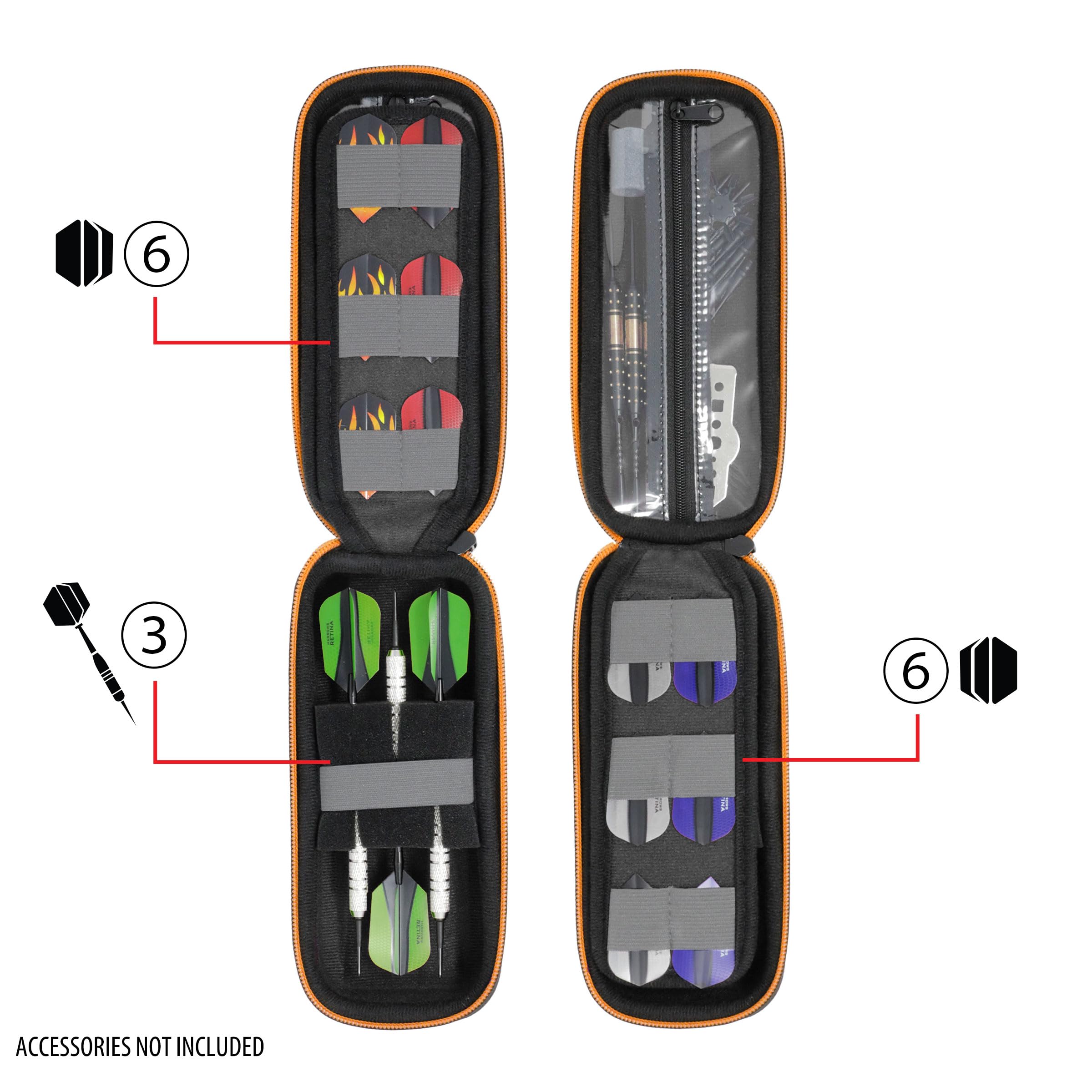 USA Gear Funda para Dardos - Estuche 3 Dardos de Punta Blanda con Compartimento Puntas de Plástico, 12 Ranuras Plumas, Varillas y Otros Accesorios - Diseño de Espuma con Cierre Seguridad (Negro) — view 3
