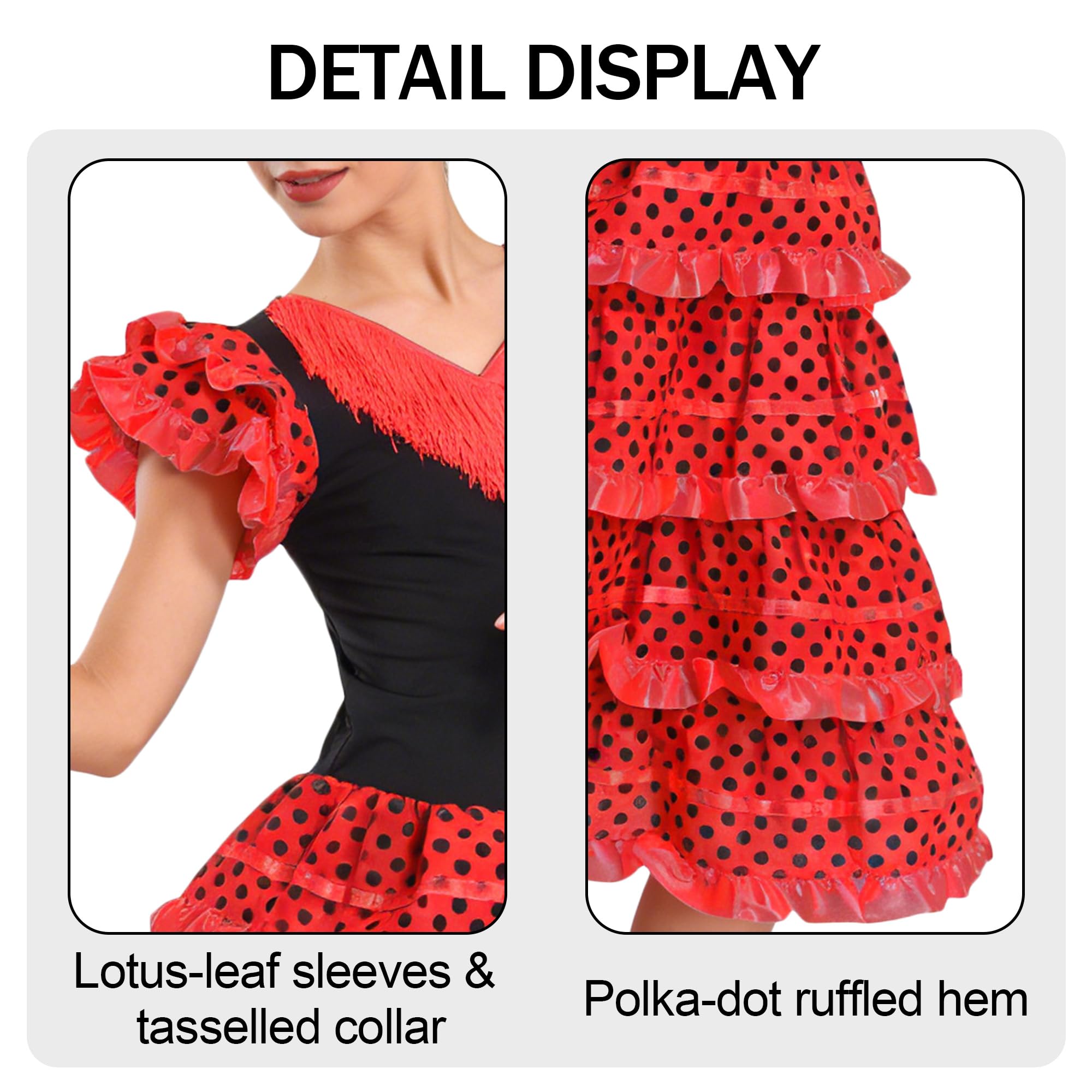 Wildarms Vestido Flamenca Mujer Disfraz Sevillana Traje Andaluz Cordobés con Volantes para Feria de Abril Sevilla Baile Flam - variaciones