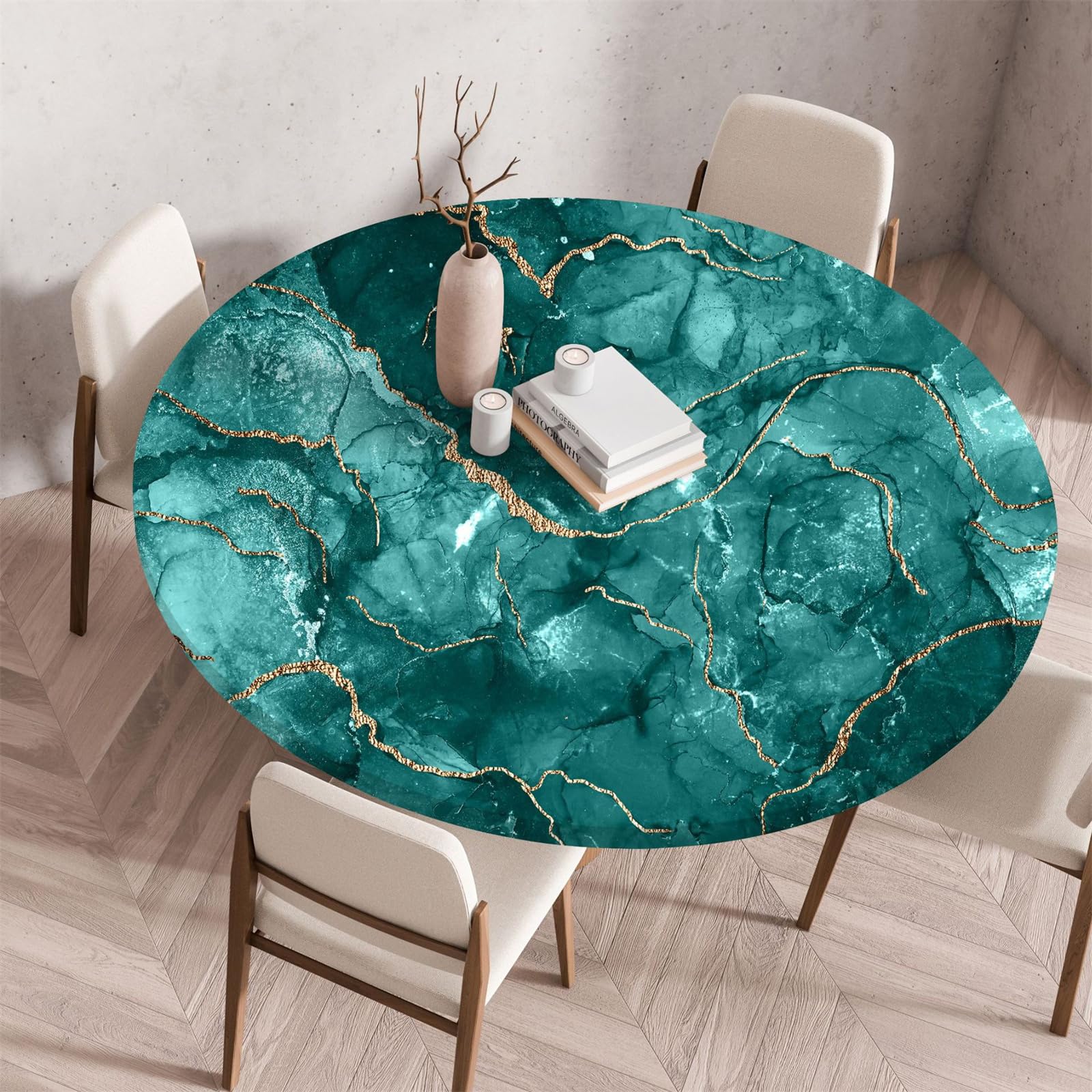 Highdi 3D Mantel Redondo con Bordes Elástica, Mantel Mesa Redonda Ajustable Protector de Mesas Redondas Manteles Antimanchas para Picnic Comedor Cocina (80cm,Mármol D)
