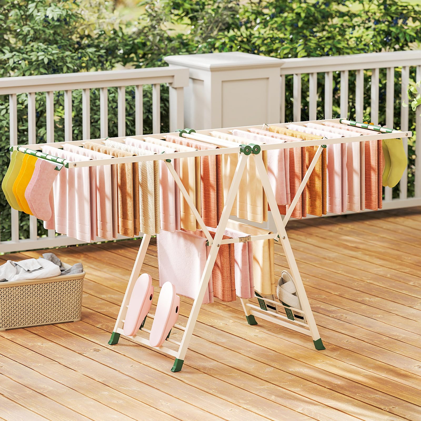 COSTWAY Etendoir Linge Pliable, Sechoir a Linge Pliable 20 Barres, Cadre en Acier, Hauteur Réglable 99-168 cm, Pinces à Chaussettes, 4 Porte-Chaussures, Tancarville Linge Intérieur (Beige,184 cm)