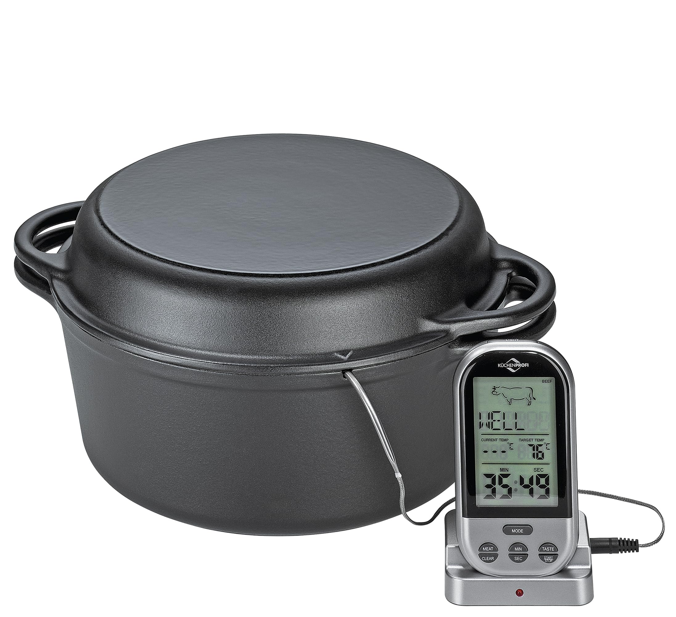 KÜCHENPROFI Schmortopf BBQ 5L, Gusseisen schwarz, 26 cm, Grilldeckel | Bräter, emailliertes Gusseisen, für Grill, Feuerschale, Backofen, alle Herdarten, inkl. Grillpfannen-Deckel