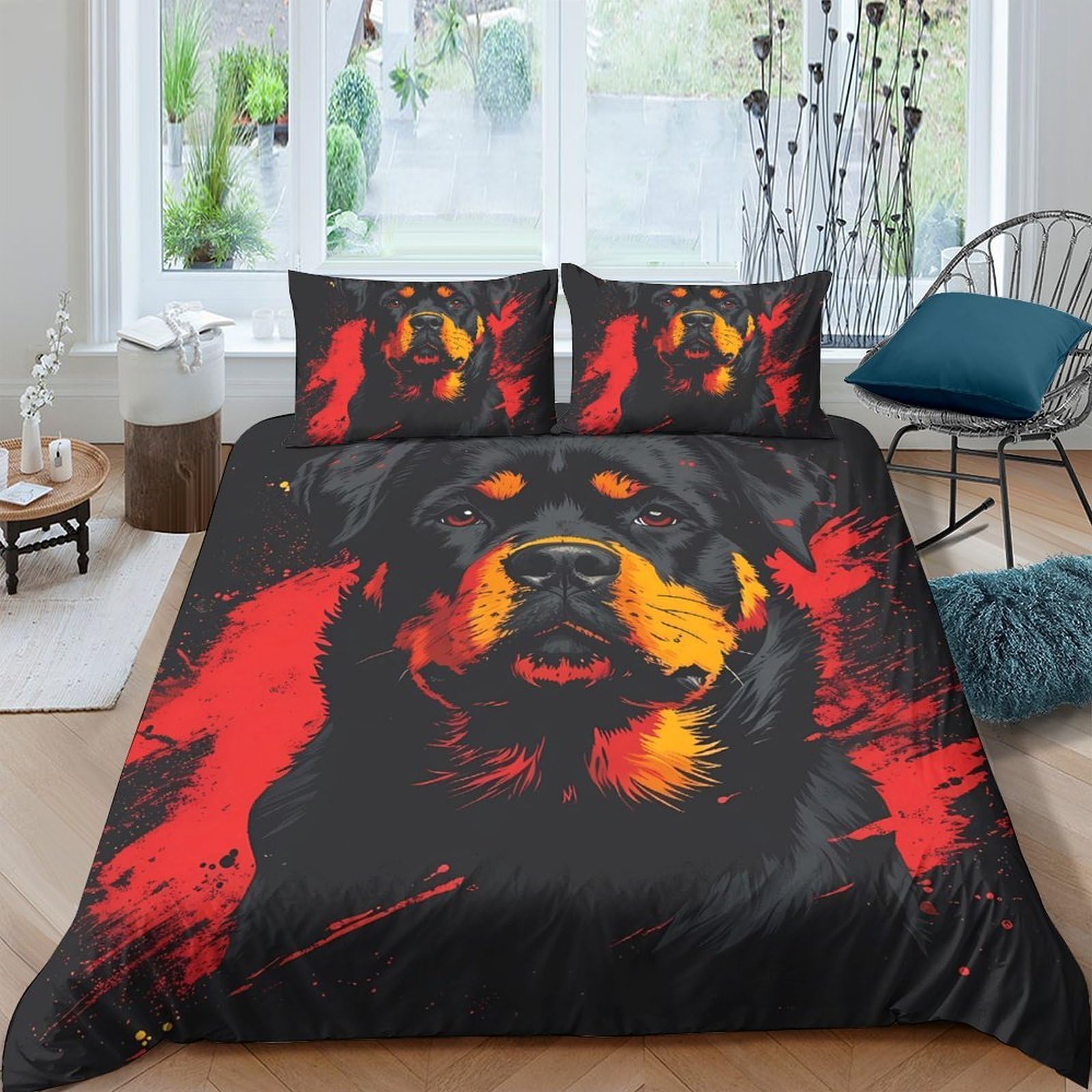Ctjqhvkz Style-5 3D Printed Rottweiler Art Fitted Sheet Microfiber Soft Black Red Dog Mattress Cover For Bedroom Dorm Decor Single（135X200cm）