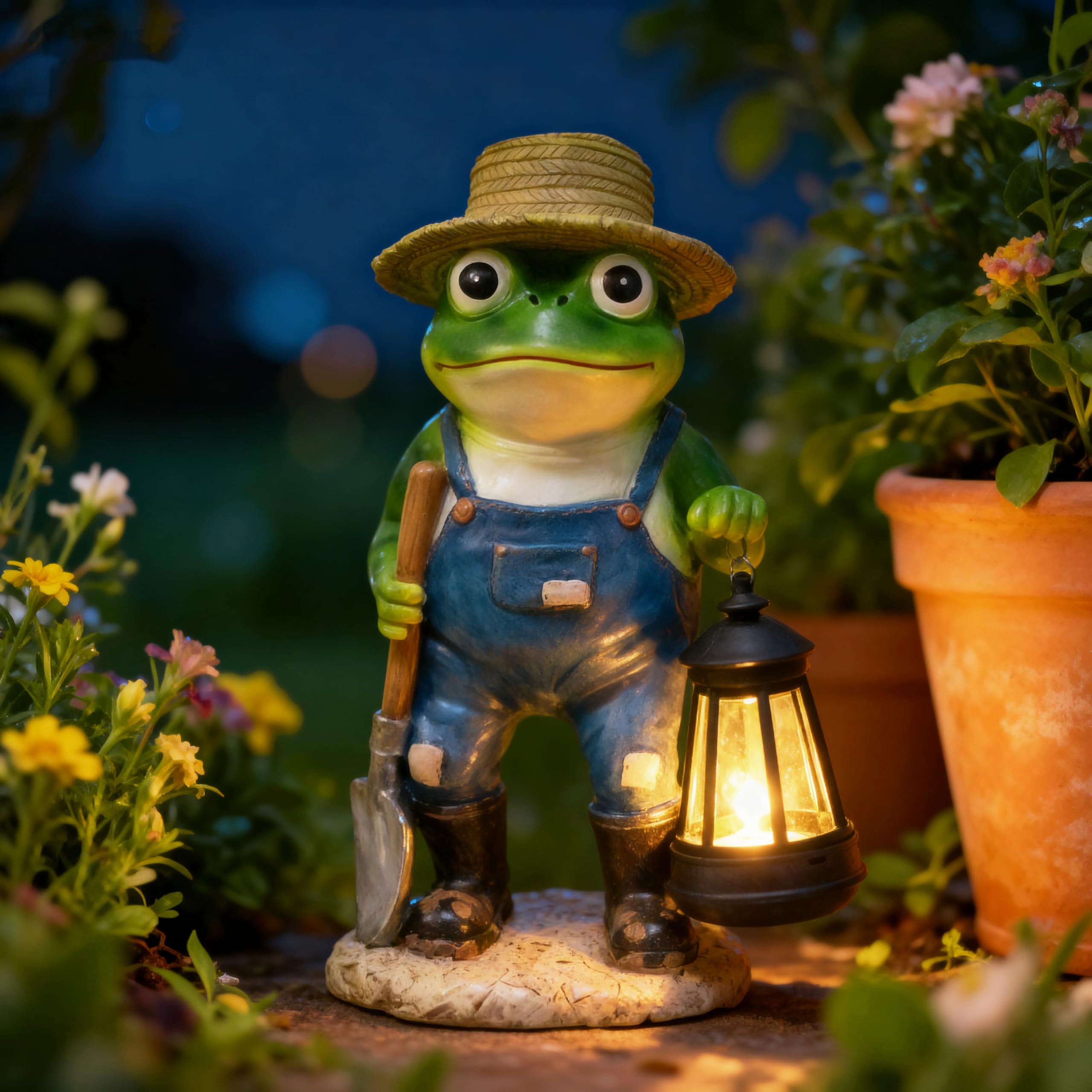 Photo 1 of QMYPEACE 11'' Solar Frog Garden Decor Outdoor Statue with Lantern Gift Idea Light Decorations for Yard Garden Patio Mom Gift