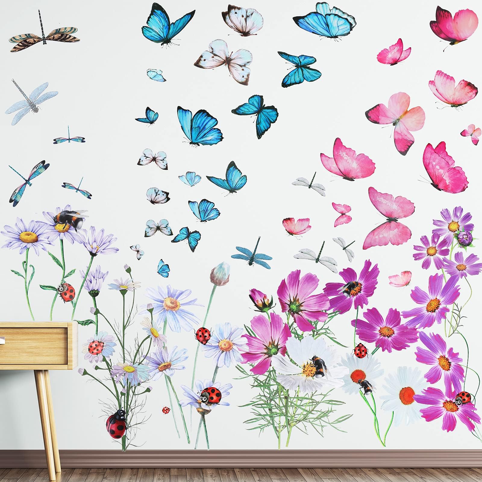 Zonon 64 Pcs Flowers Butterflies Wall Decals Chrysanthemums Dragonflies Wall Sticker Botanical Peel and Stick Art Removable PVC Garden Decal for Kids Nursery Classroom Bedroom Decor (Red)