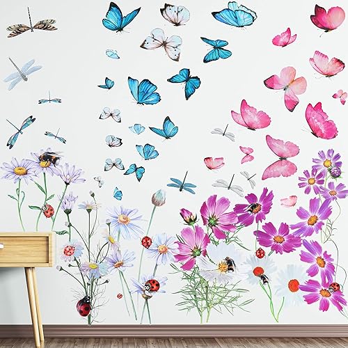 Miniatura 8 de Calcomanías de pared de flores mariposas crisantemos libélulas calcomanías de pared para despegar y pegar arte de pared extraíble de PVC para