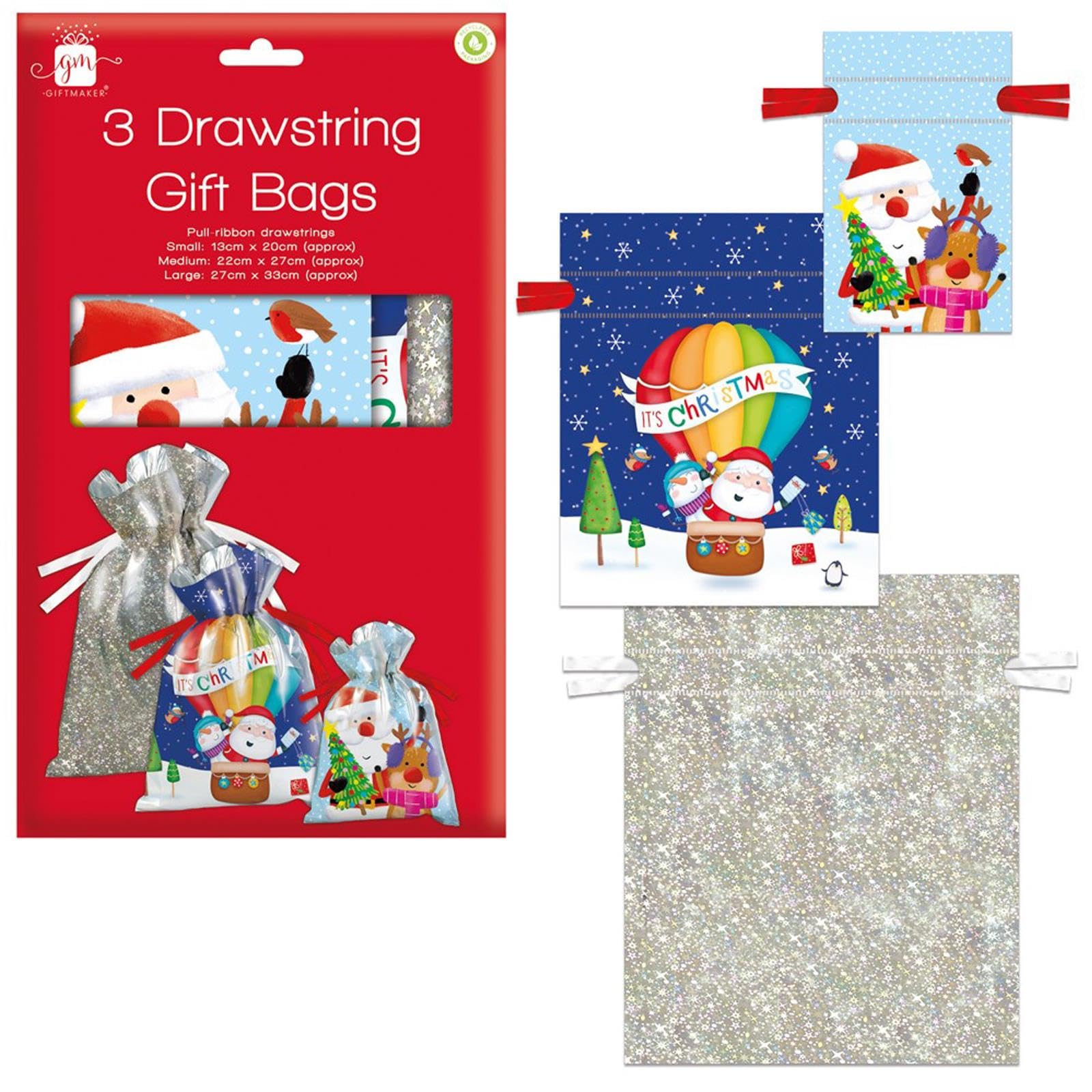 Pack 3 Various Size Santa Sacks Drawstring Gift Bags Santa & Friends Xmas Eve Presents