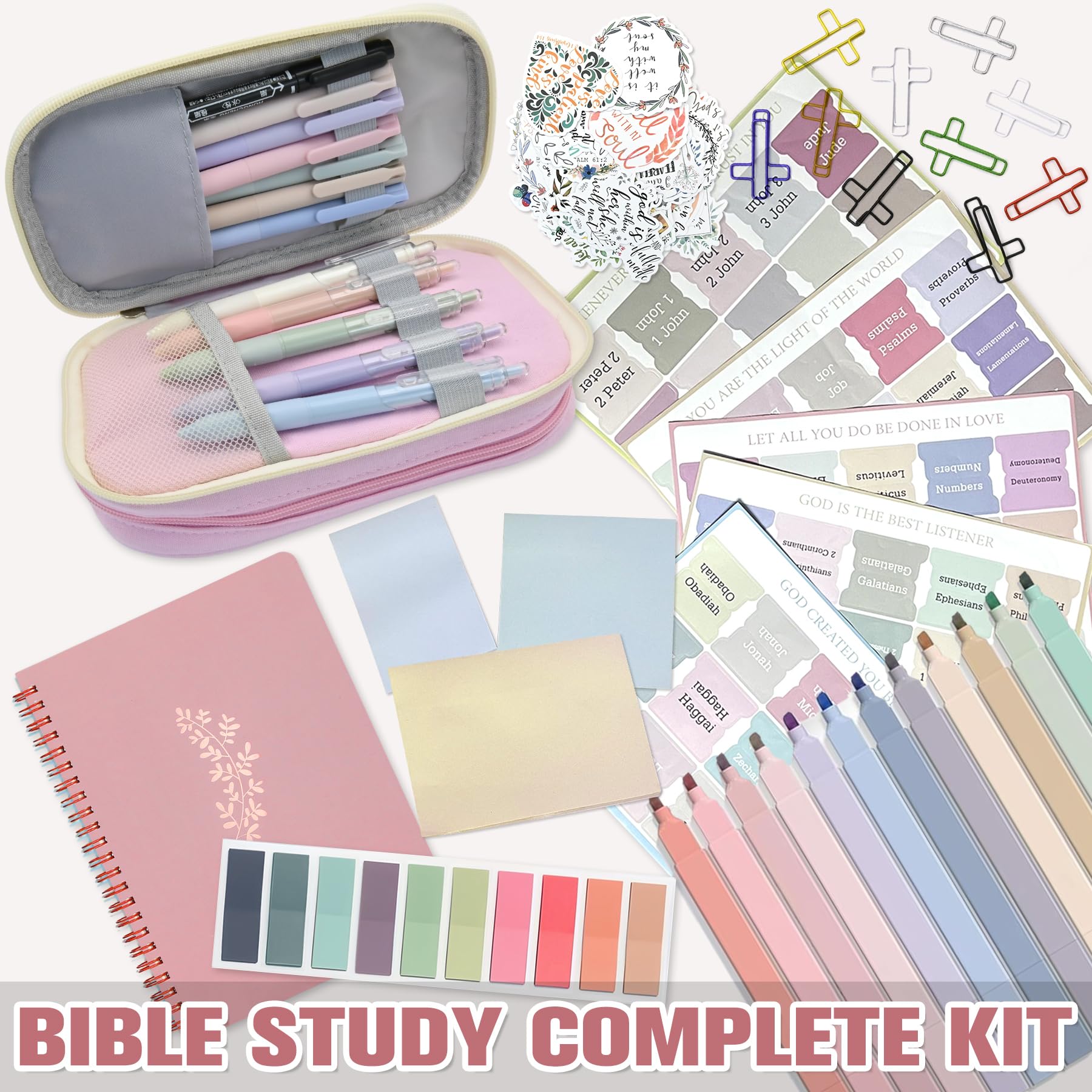 FEMBW 95 Pièces Kit De Journal Biblique Avec Trousse Pliable, 12 Surligneur Pastel, Stylos Gel, Autocollants Bible, Trombones En Forme De Croix,Outils D 'étude Biblique Pour Femmes