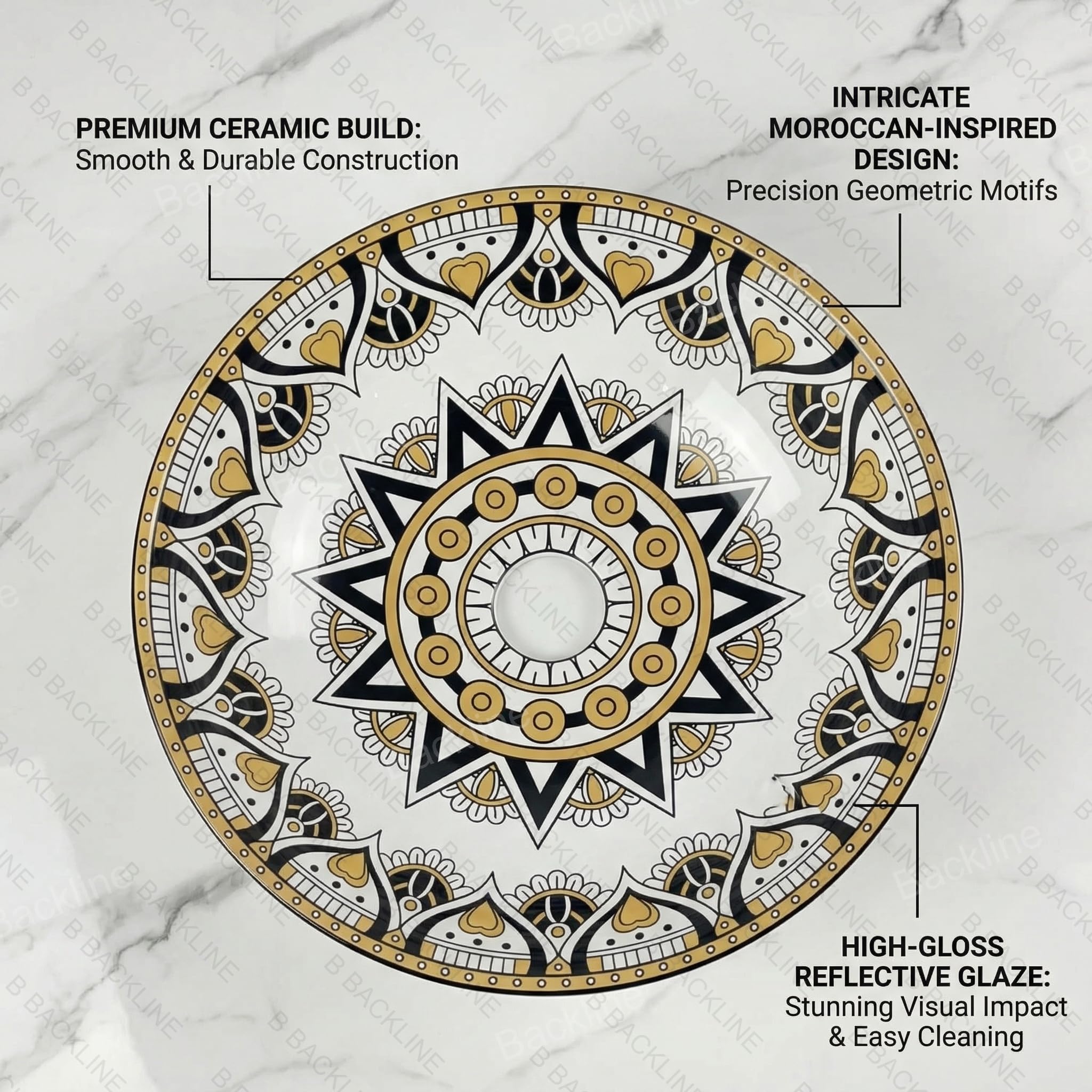 B Backline Ceramic Moroccan Wash Basin Countertop | Table Top Wash Basin Bathroom Sink | Art Basin For Bathroom & Livingroom 40 X 40 X 14 Cm (5 Years Warrenty) 2