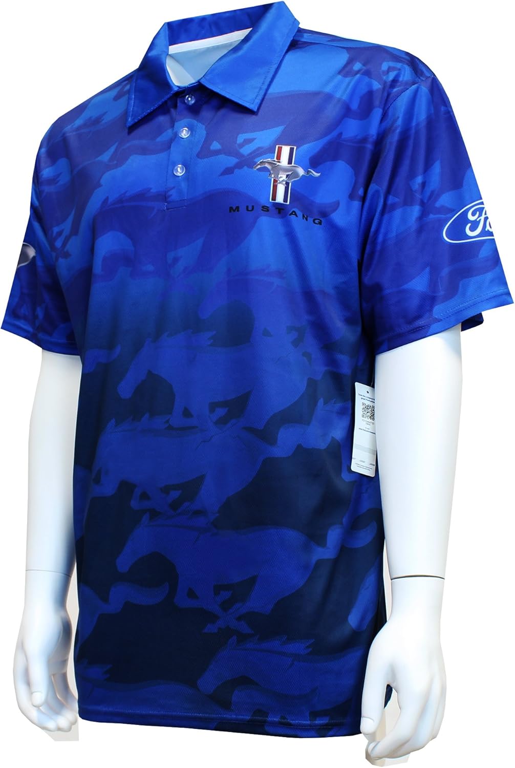 David Carey Ford Mustang Performance Polo Shirt – Blue & Black – Button Up Collared Short Sleeve Dry-Wicking Shirt with Logo, M