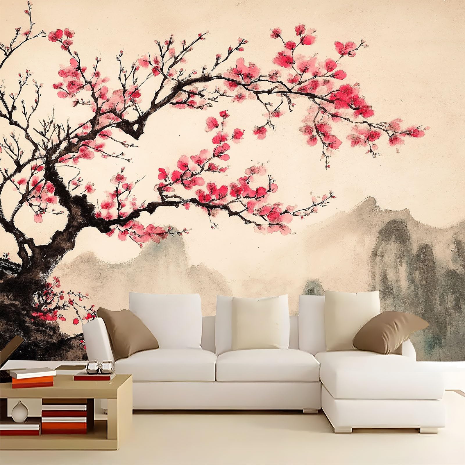 Fotomurales 3D Árbol de flores rosas pintado en tinta 350x256 cm Papel Pintado Fotográfico, Decoración De la Pared Murales para Salón, Dormitorio, Habitación para Niños, Pared de TV